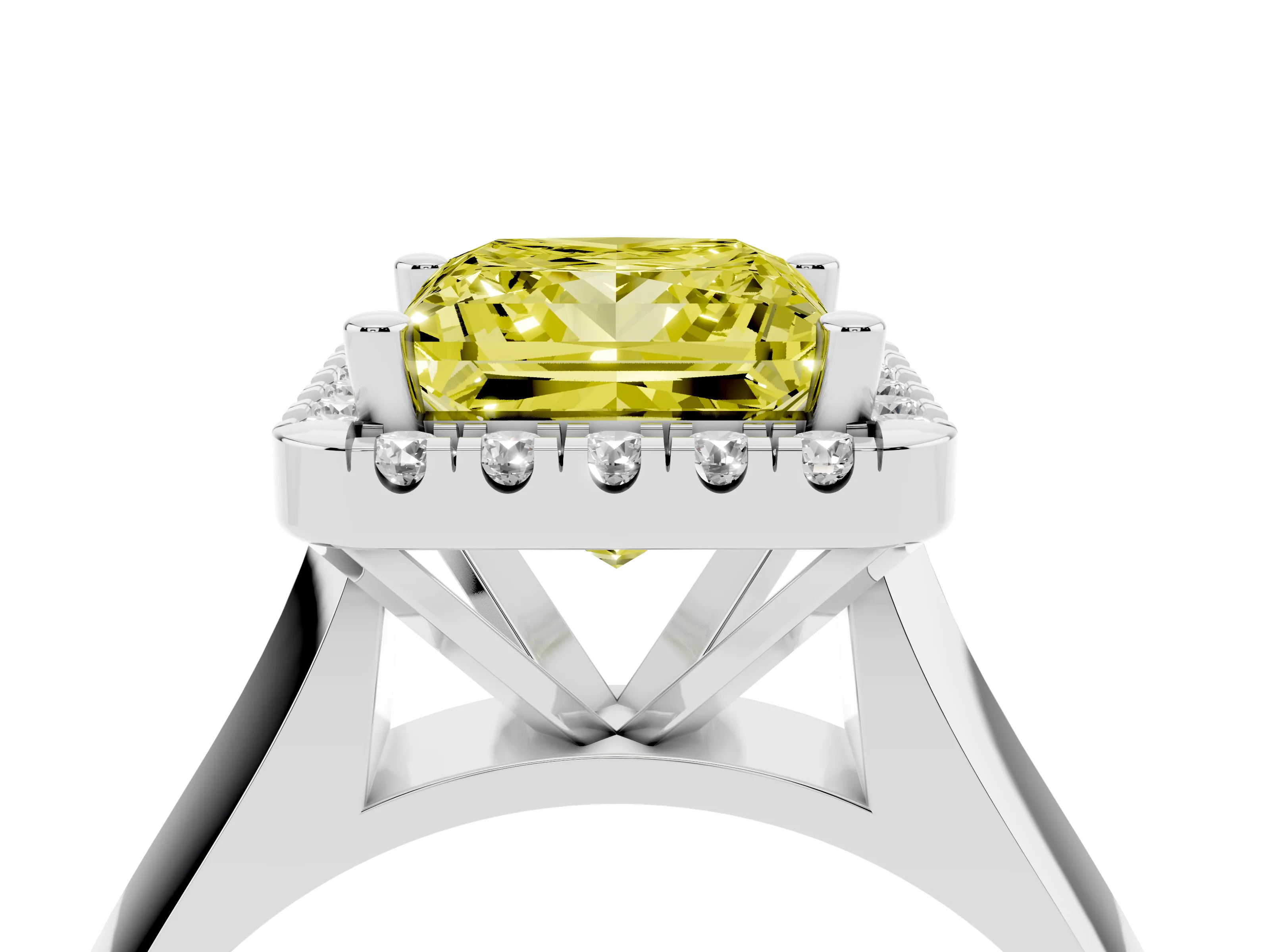 Fancy Yellow Princess Cut Diamond Halo Solitaire Engagement Ring Set in White gold with Square Band and Prong Setting