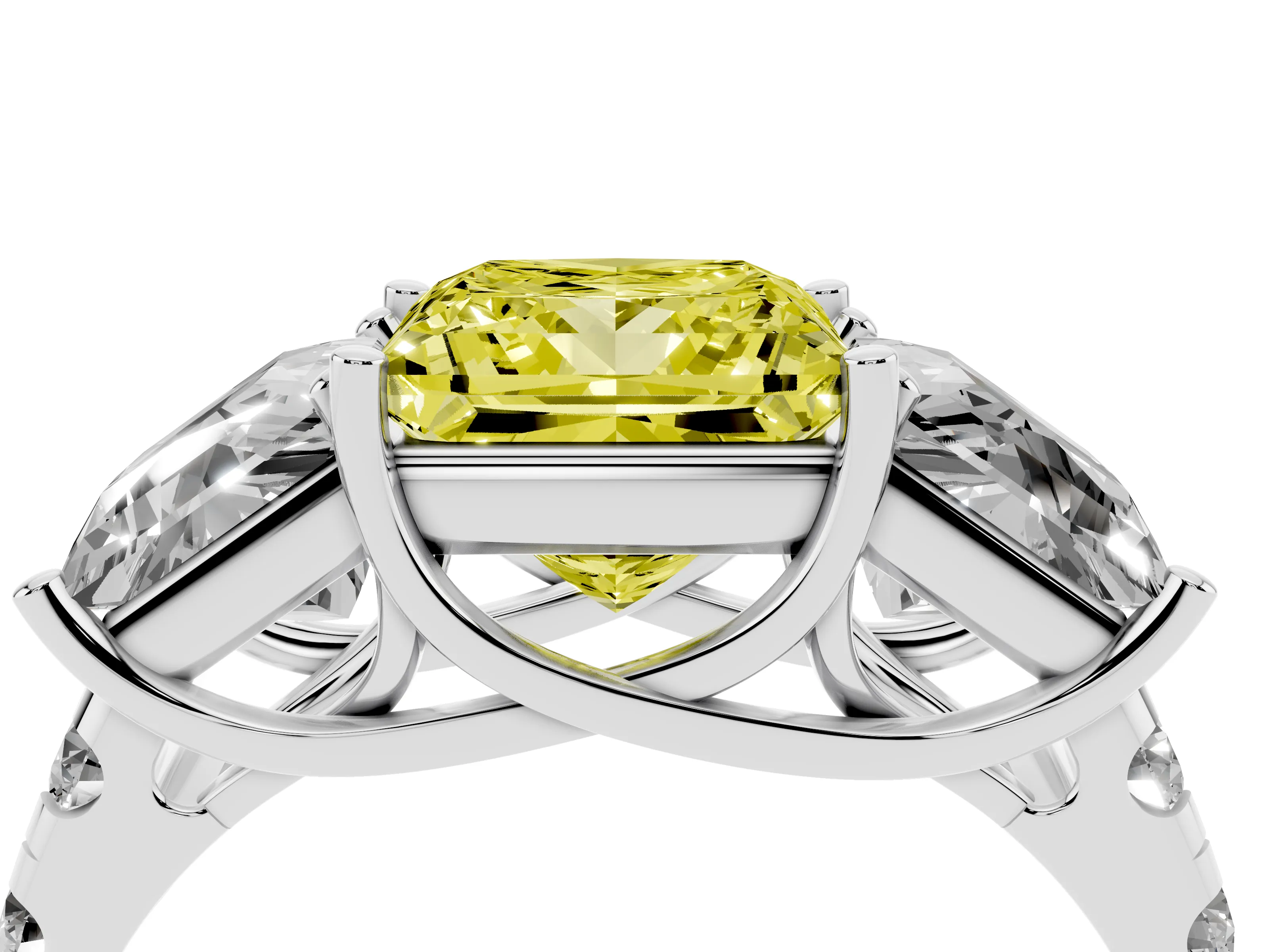 Fancy Yellow Princess Cut Diamond Three-Stone Ring Set in White gold with Pavé Band