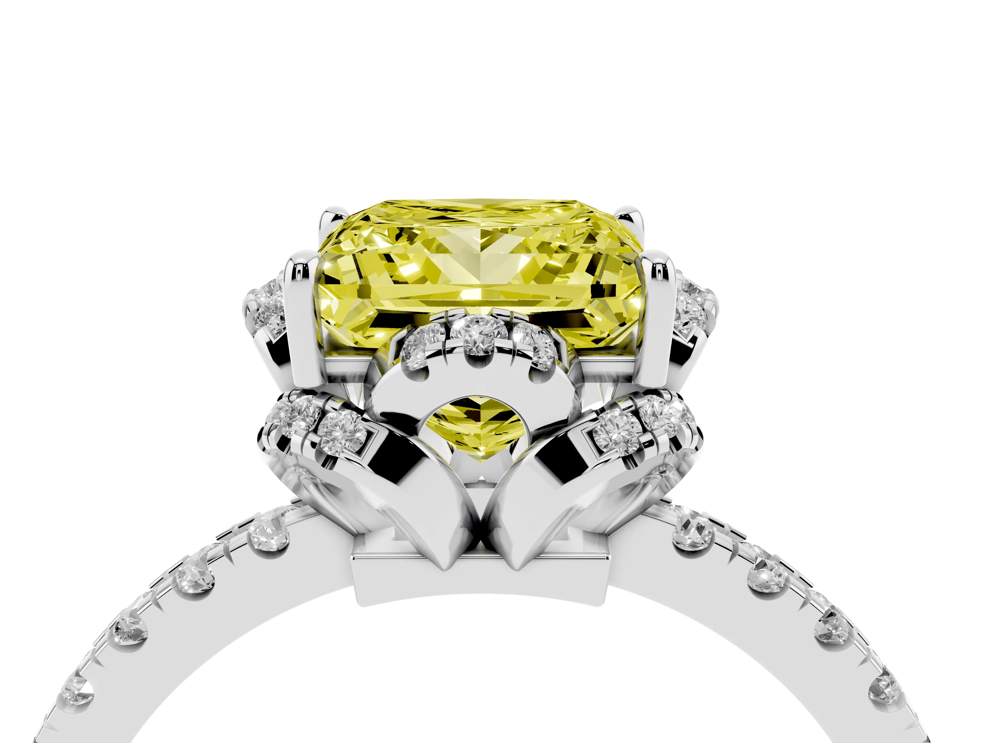 Fancy Yellow Princess Cut Diamond Halo Pavé Band Ring Set in White gold with Prong-Held Center