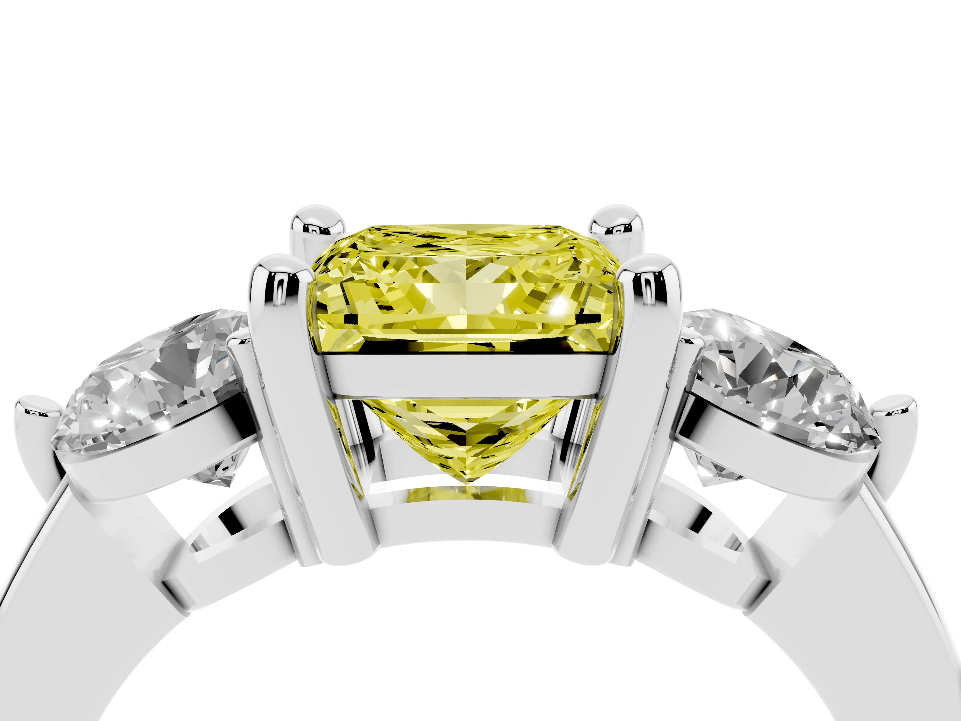Fancy Yellow Princess Cut Diamond Three-Stone Ring Set in White gold with Prong Setting and Classic Band