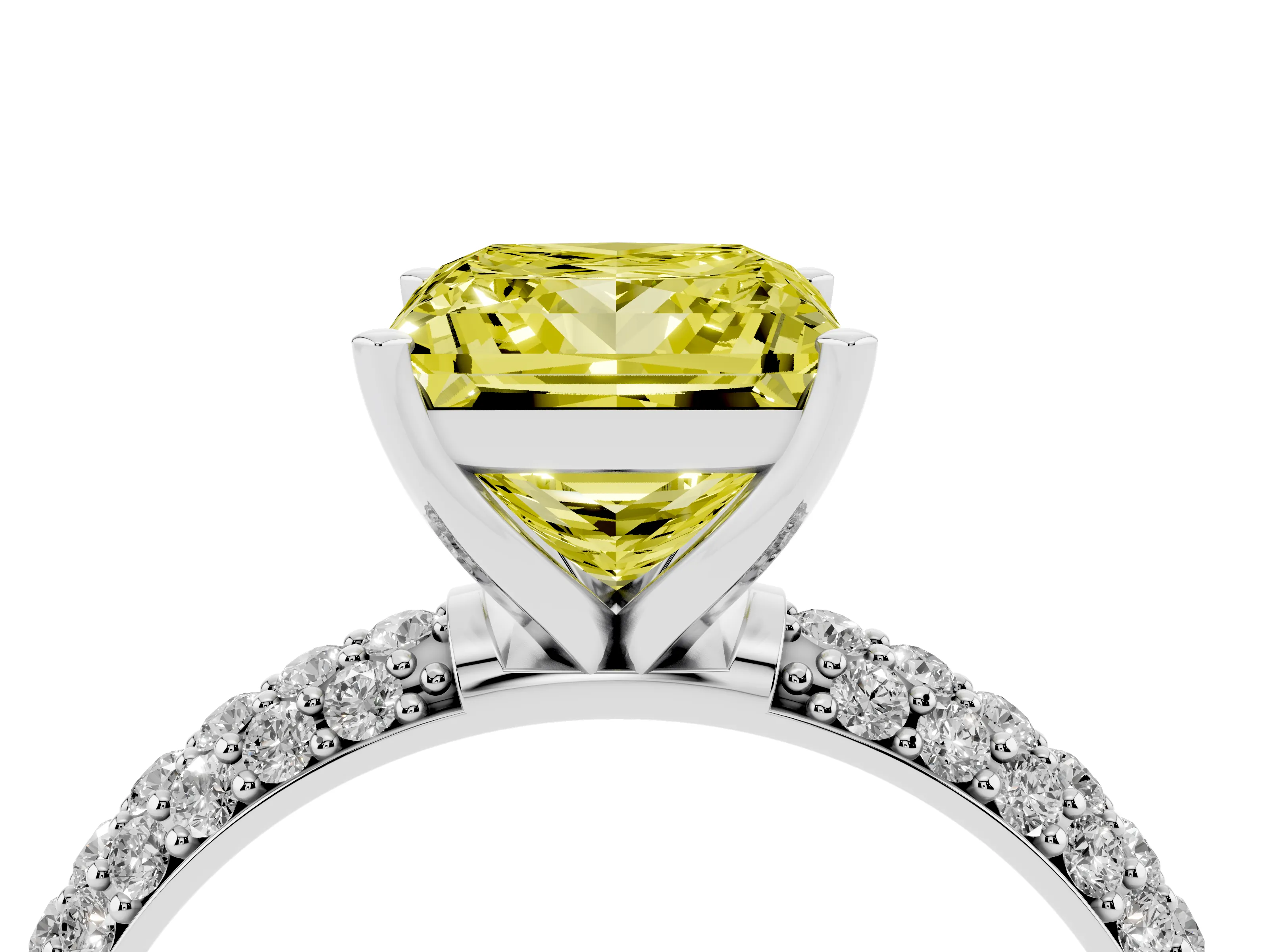 Fancy Yellow Princess Cut Diamond Solitaire Ring Set in Platinum with Prong Setting and Pavé-Set Band
