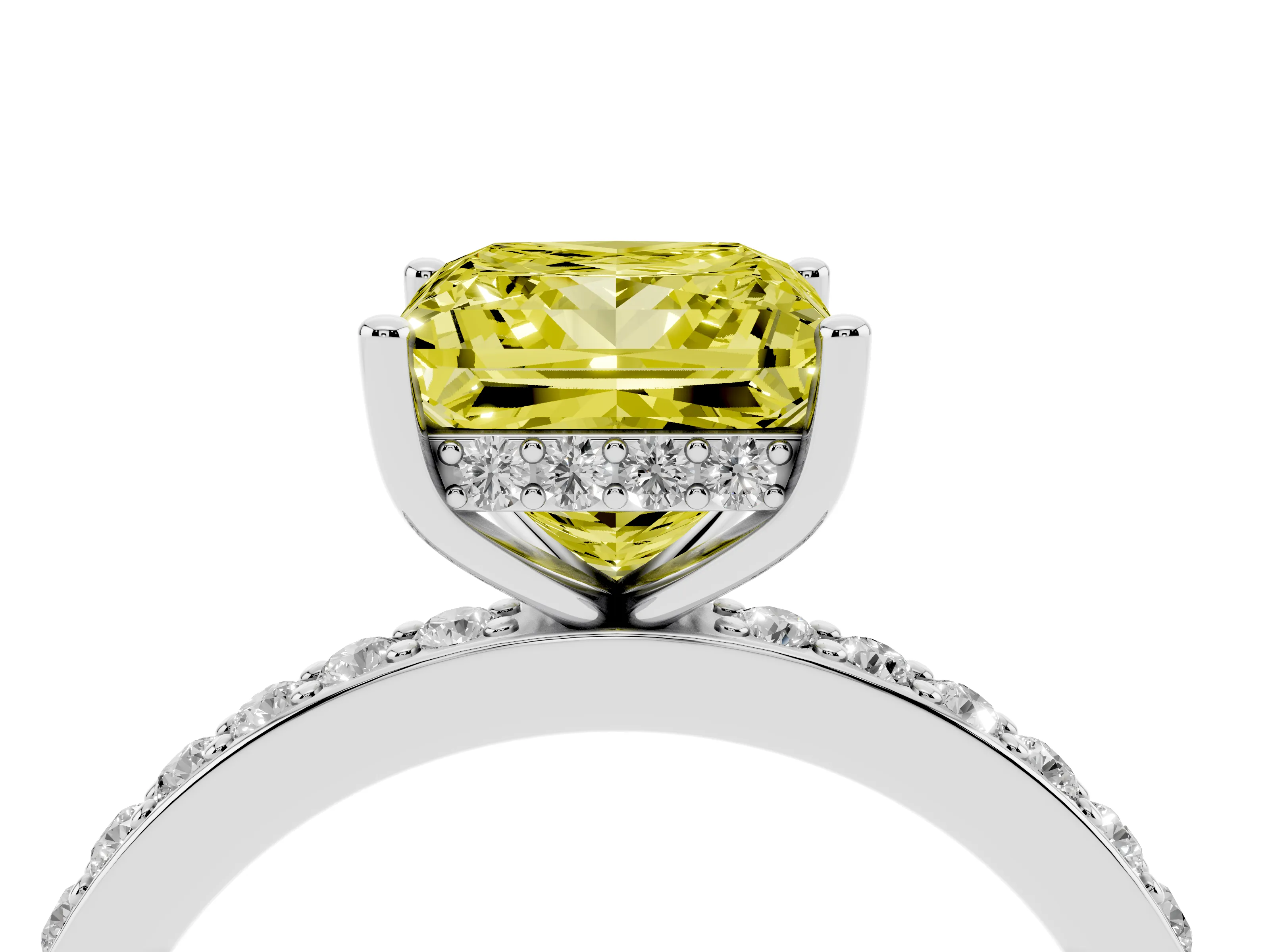 Fancy Yellow Princess Cut Diamond Pavé Band Ring Set in White gold with Prong-Set Center Stone