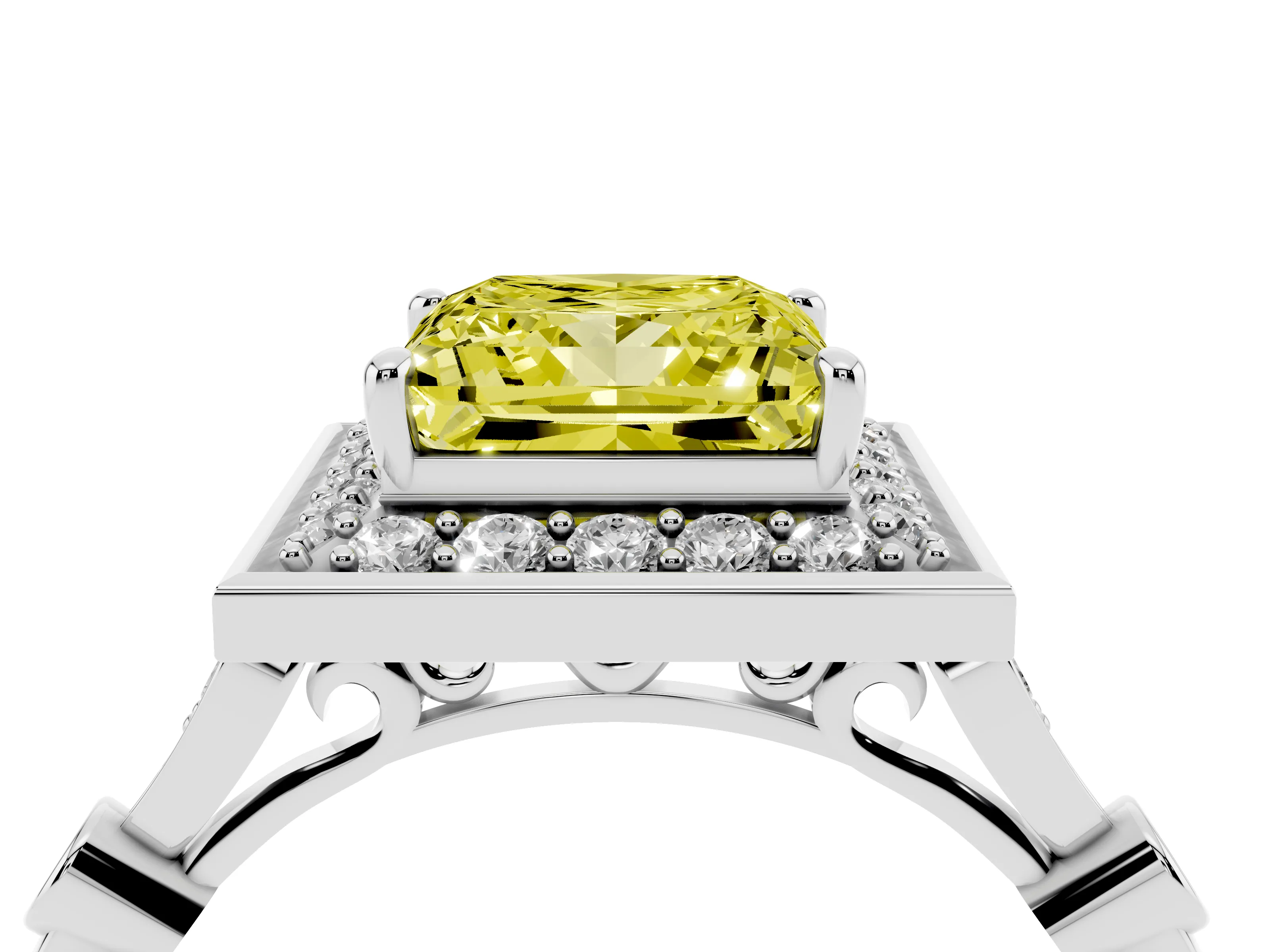 Fancy Yellow Princess Cut Diamond Halo Engagement Ring Set in Platinum with Twisted Band and Prong Setting