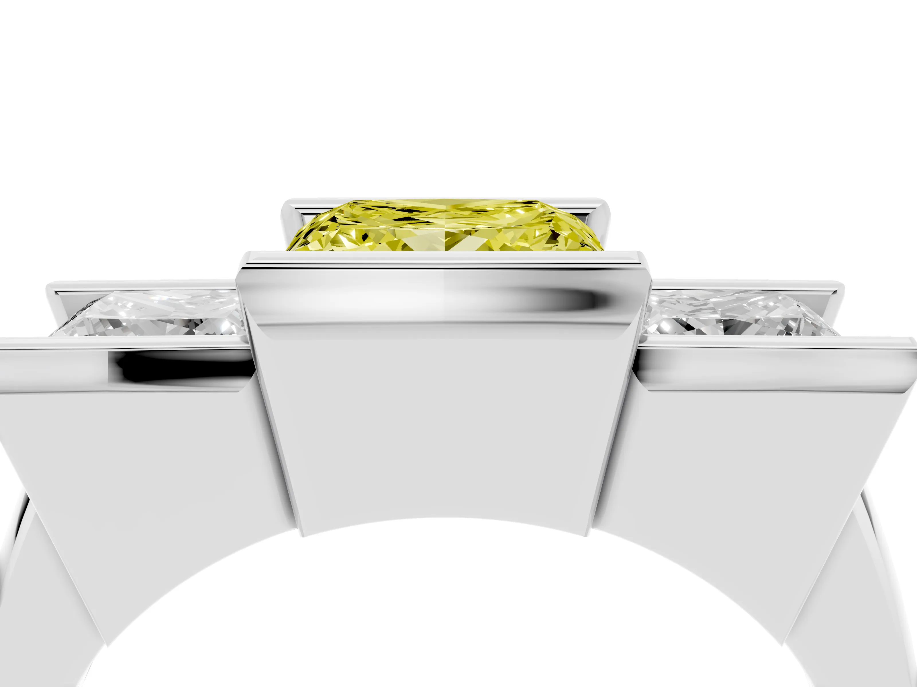 Fancy Yellow Princess Cut Diamond Three-Stone Channel Set Ring Set in Platinum with Smooth Polished Band