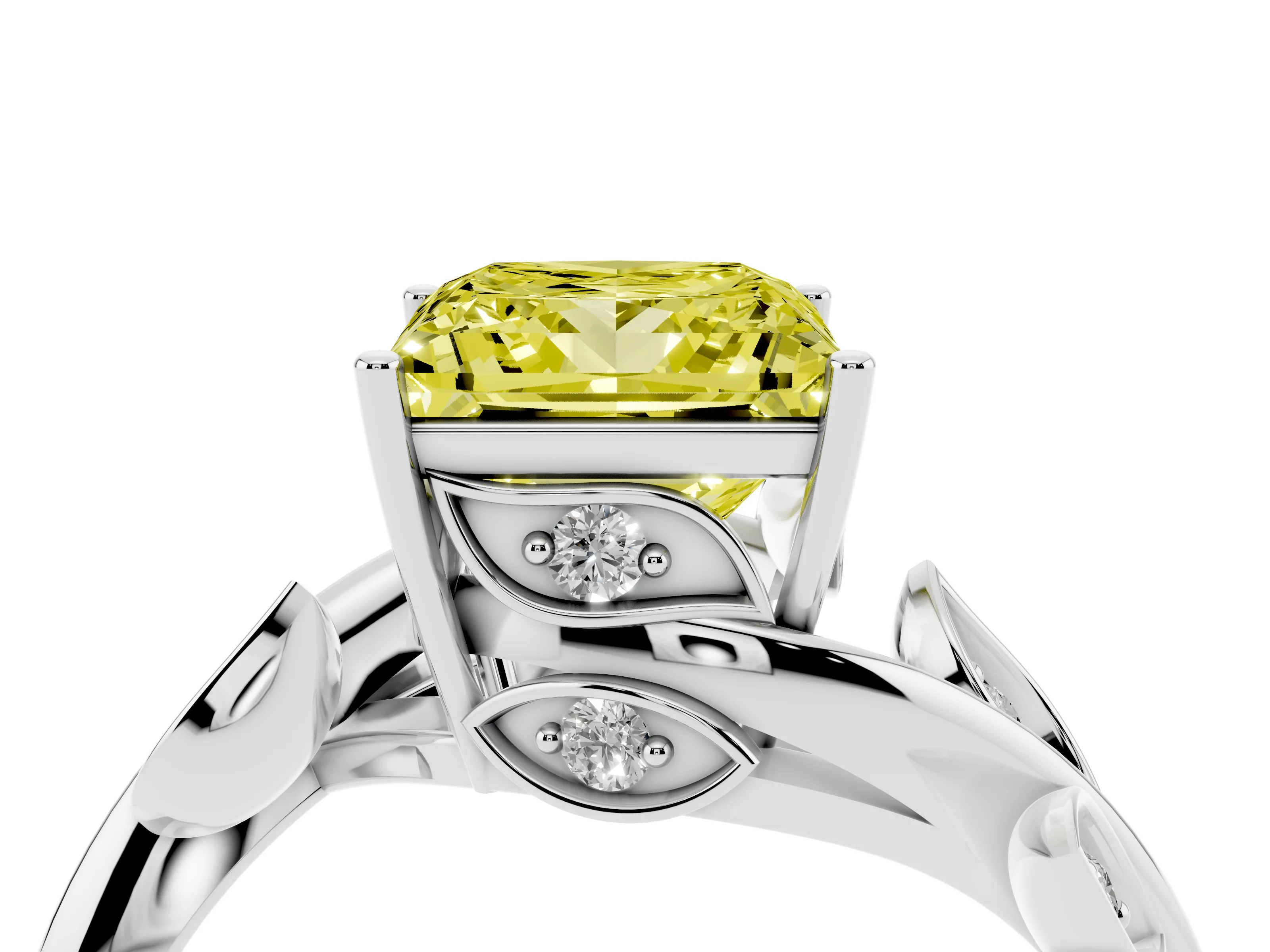 Fancy Yellow Princess Cut Diamond Solitaire Twist Engagement Ring Set in White gold with Pavé Leaf Accents