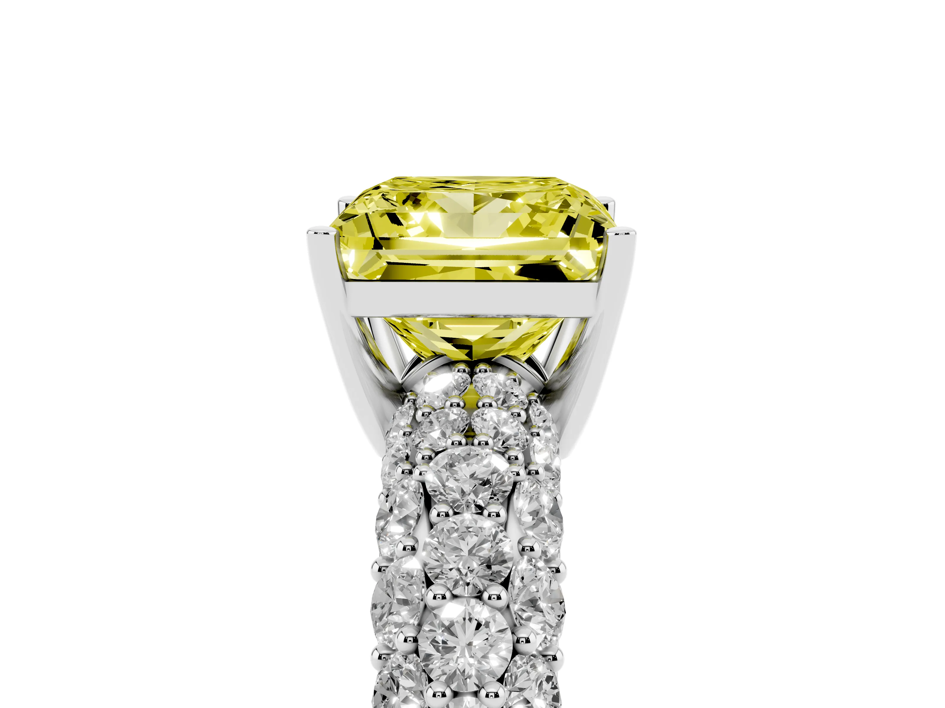 Fancy Yellow Princess Cut Diamond Pavé Band Solitaire Ring Set in White gold with Close-Set Accent Stones and Prong Setting
