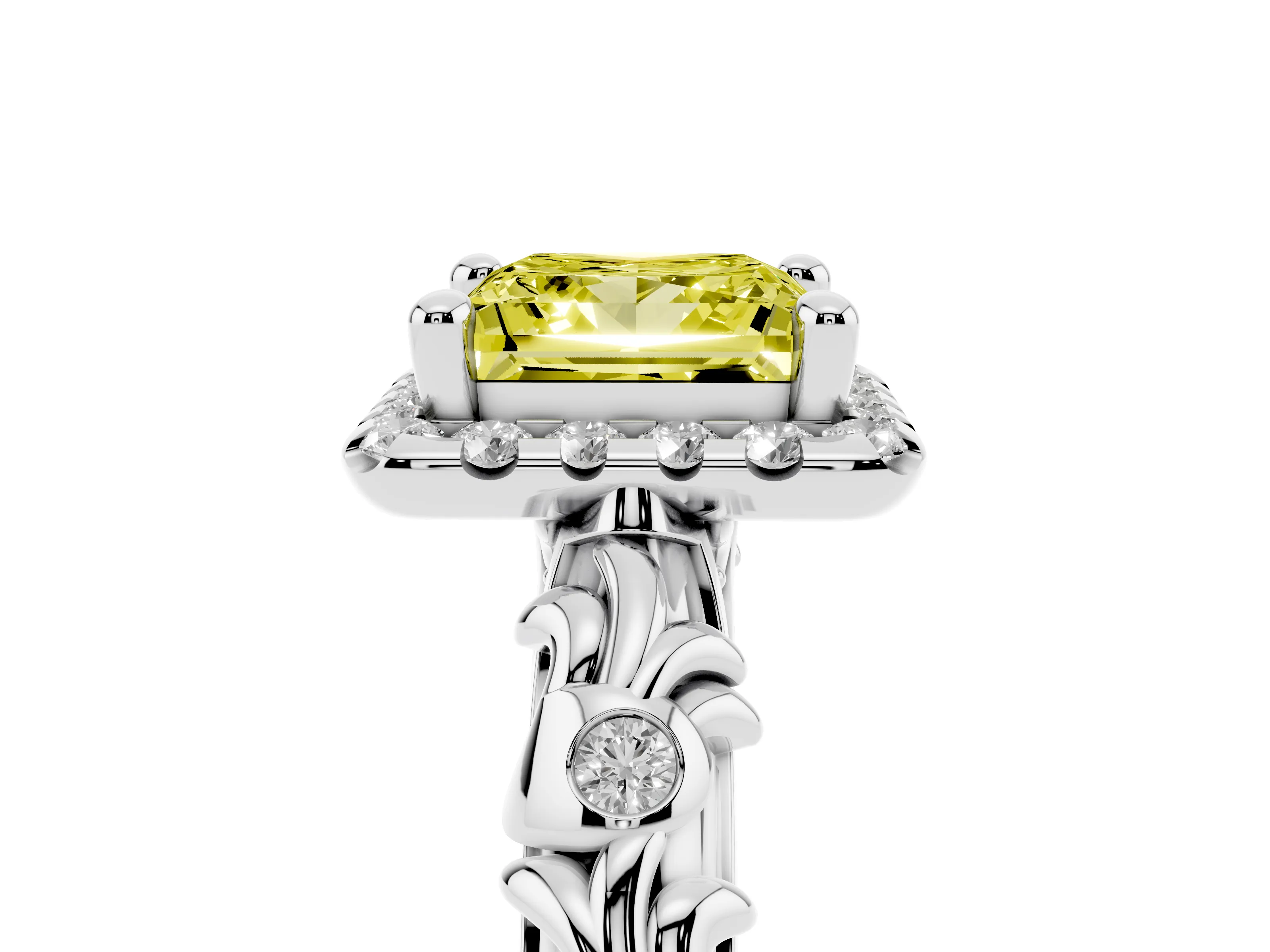 Fancy Yellow Princess Cut Diamond Halo Ring Set in Silver with Filigree Leaf Band and Prong Setting