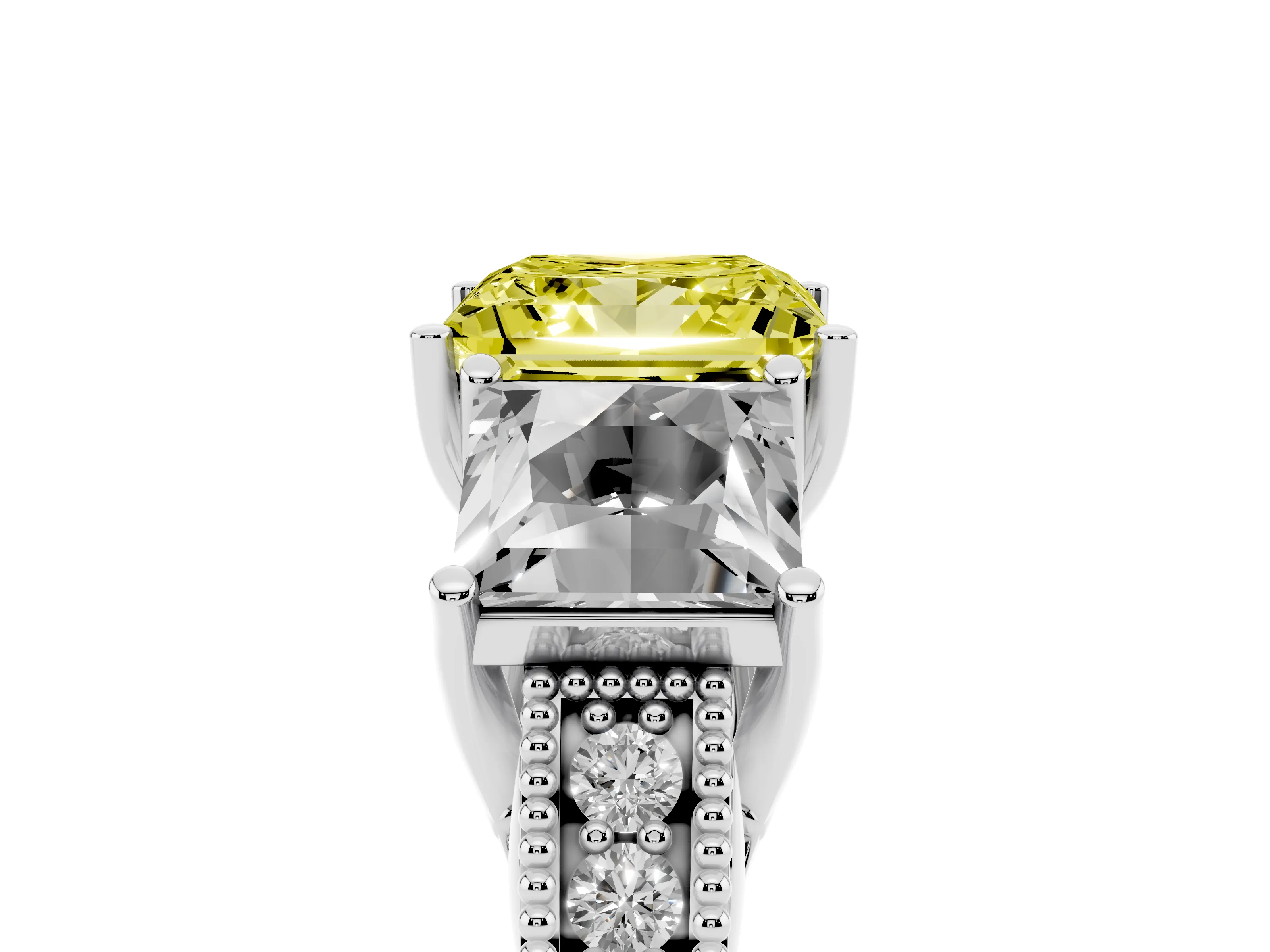 Fancy Yellow Princess Cut Diamond Three-Stone Engagement Ring Set in White gold with Milgrain Pavé Band