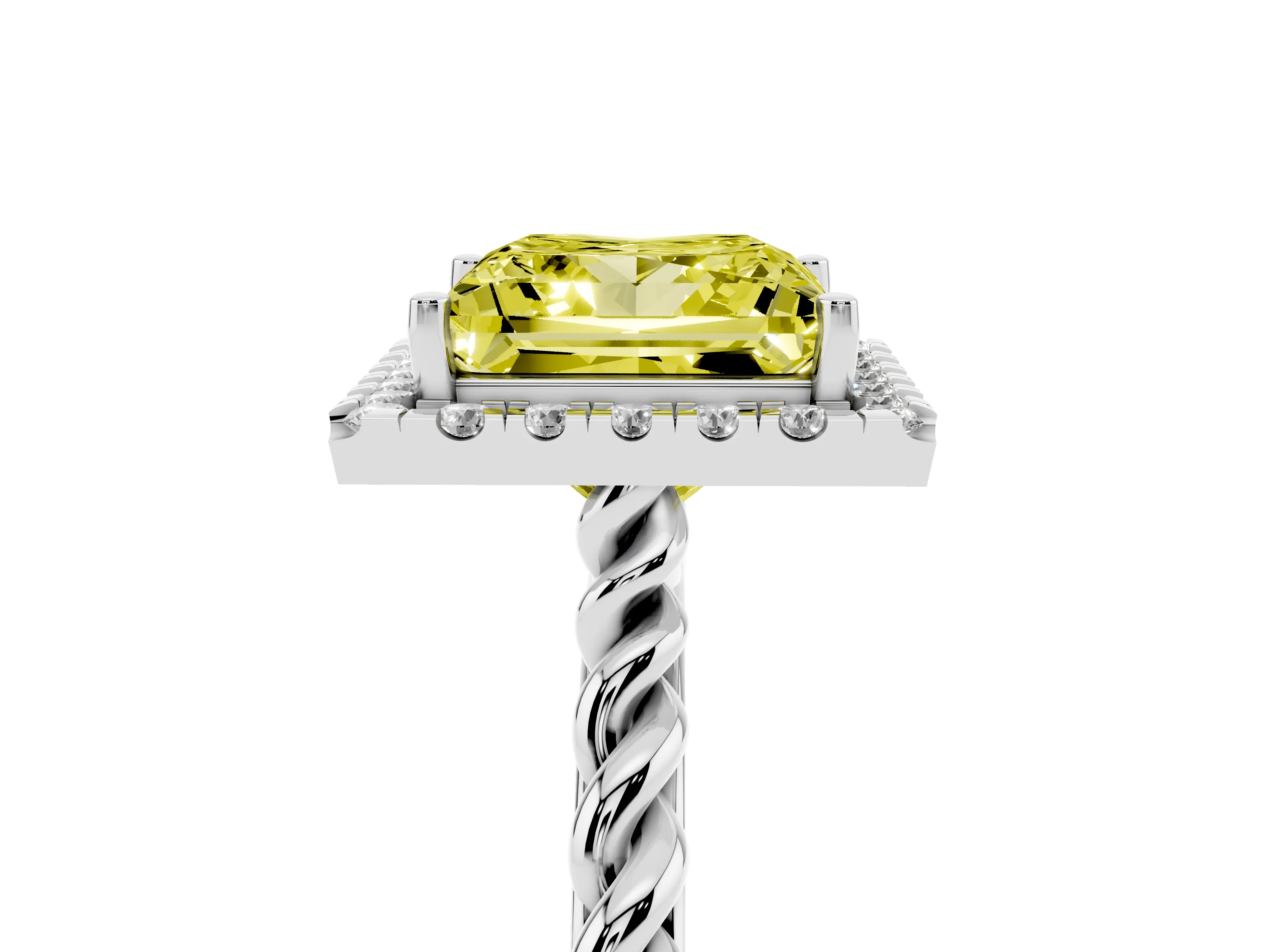 Fancy Yellow Princess Cut Diamond Halo Ring Set in Platinum with Plain Twisted Band