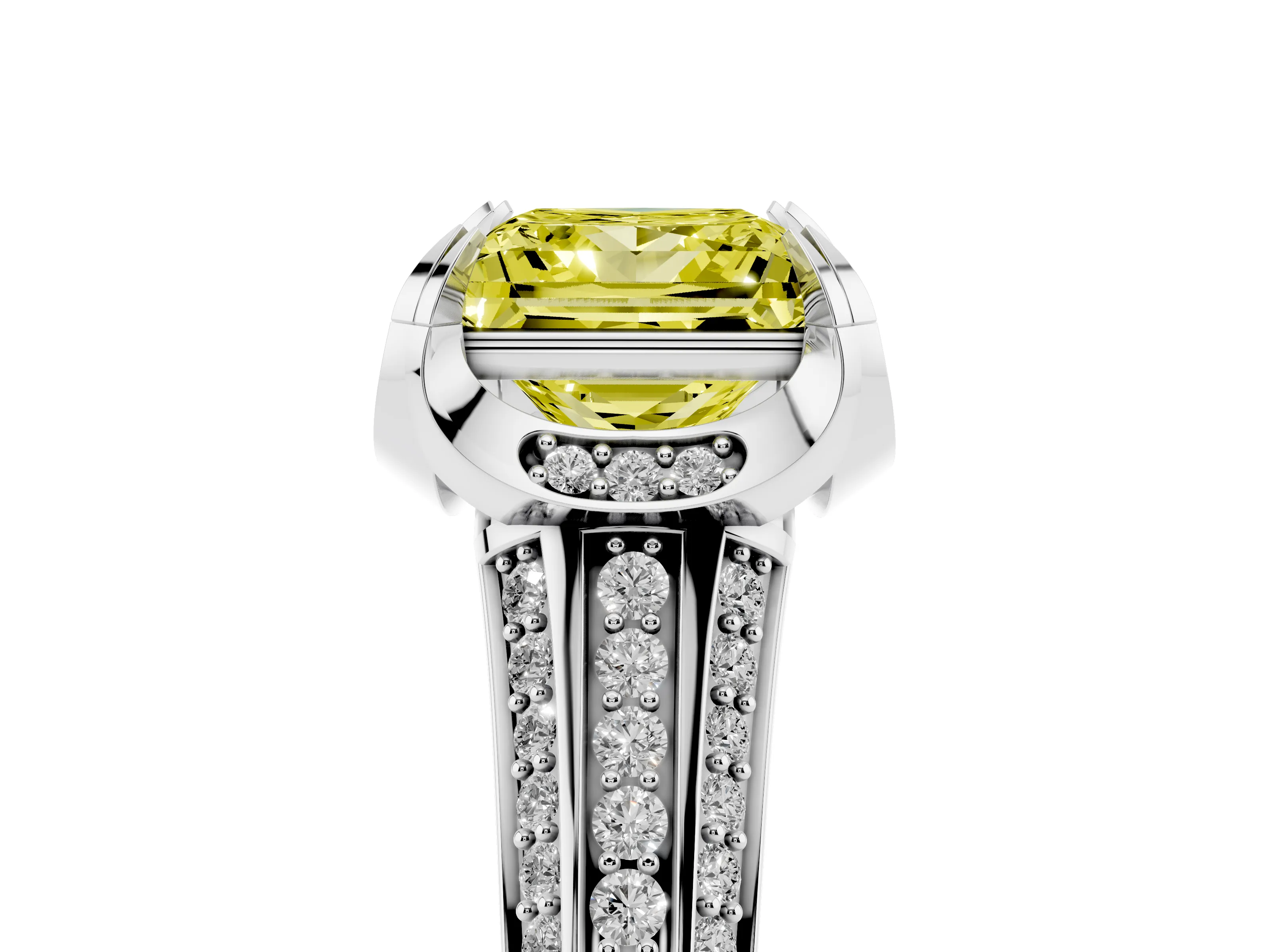 Fancy Yellow Princess Cut Diamond Pavé Split Shank Solitaire Ring Set in Silver with Prong Setting