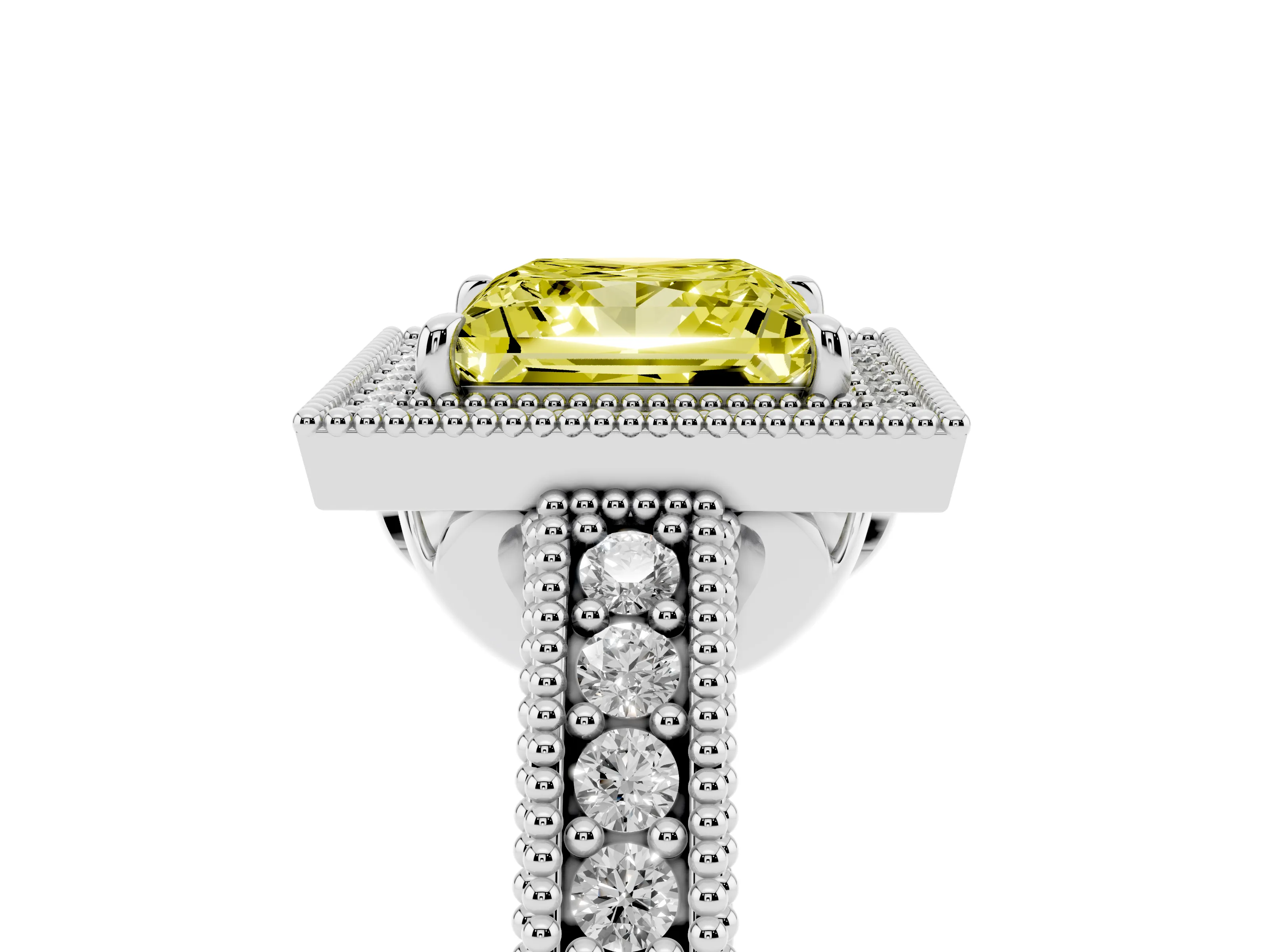 Fancy Yellow Princess Cut Diamond Halo Ring Set in White gold with Round Accent Halo, Pavé Band and Prong Setting