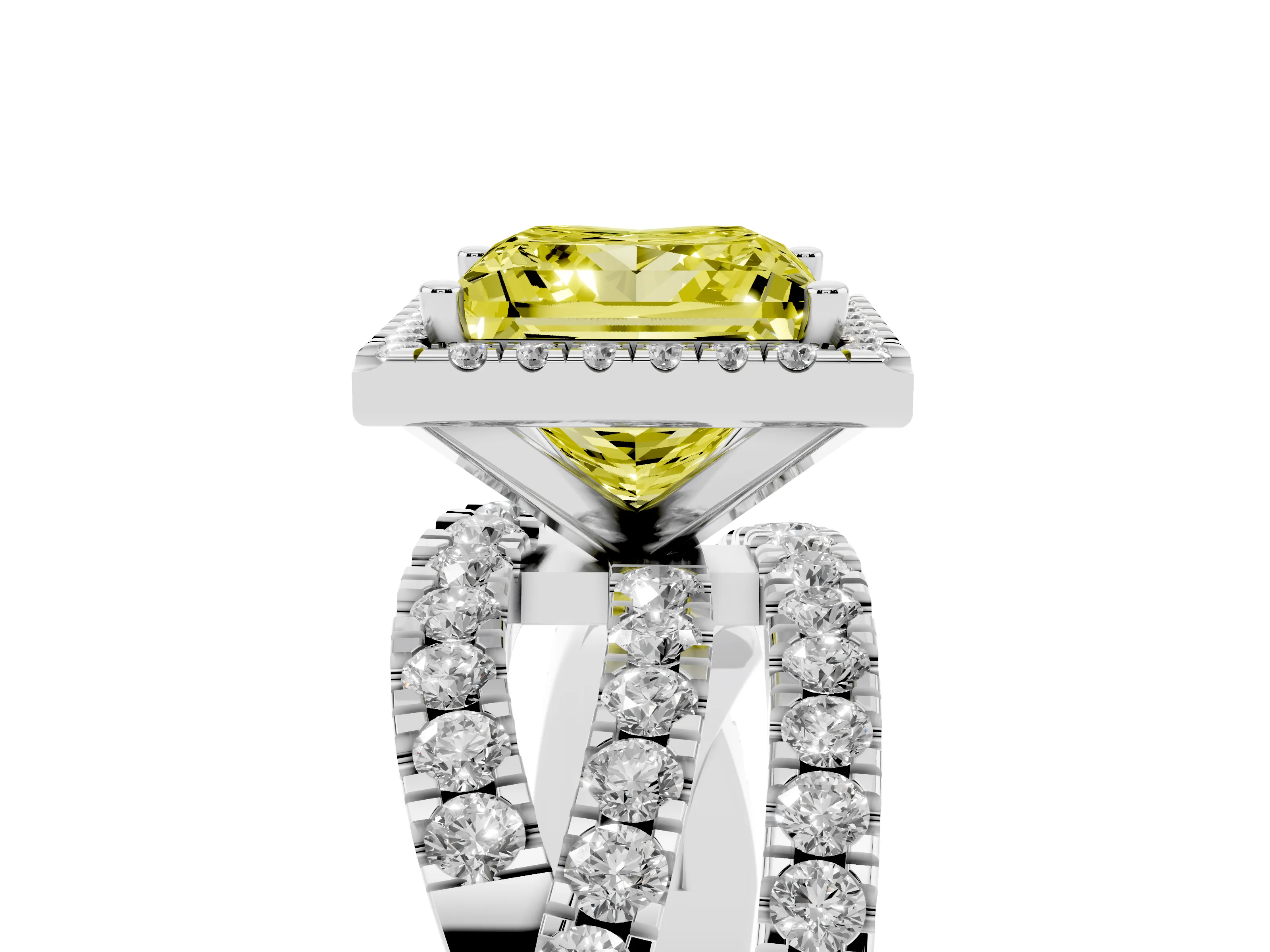Fancy Yellow Princess Cut Diamond Halo Ring Set in Silver with Round Crossover Split Shank and Prong Setting