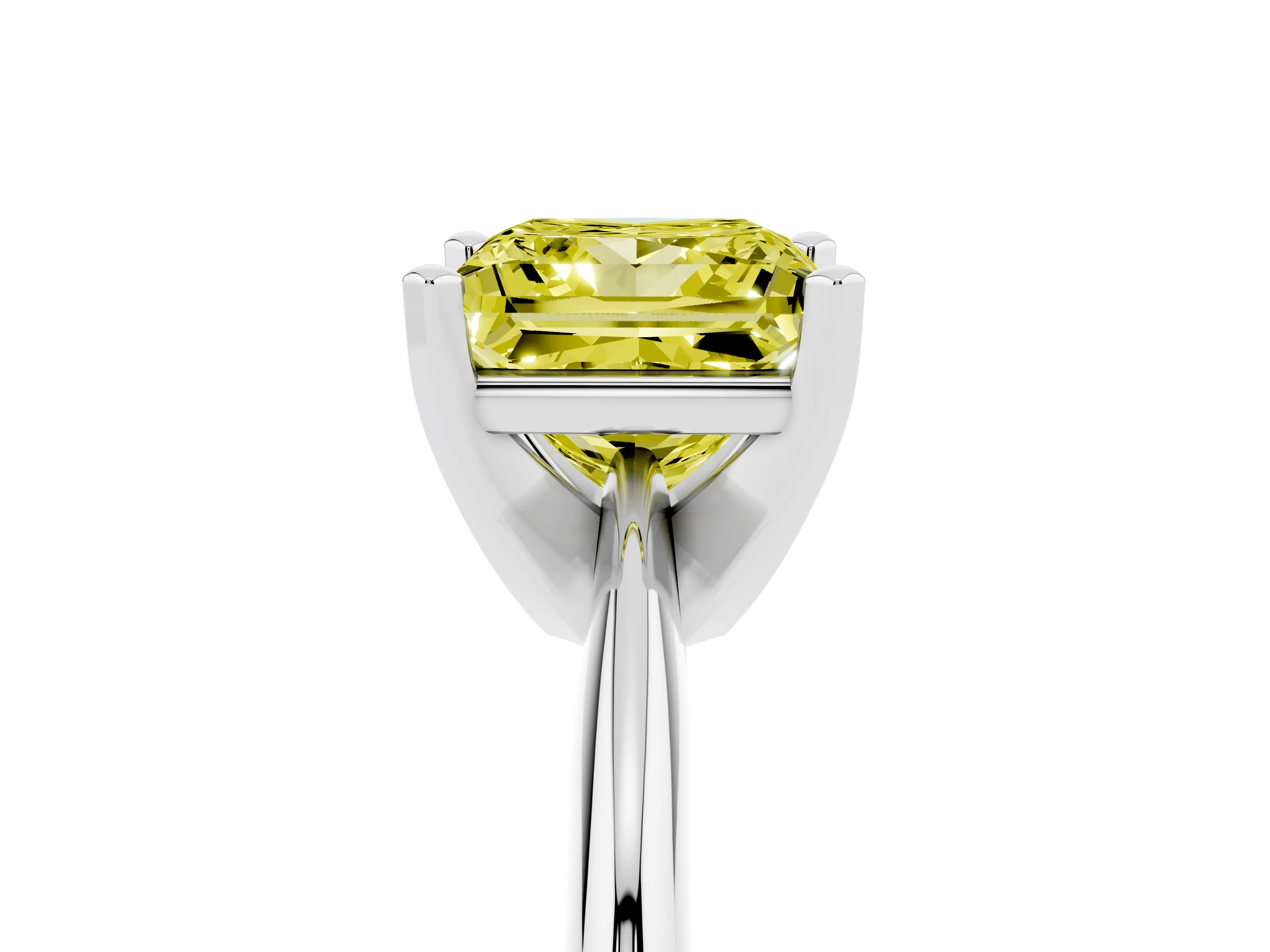Fancy Yellow Princess Cut Diamond Solitaire Ring Set in White gold with Prong Setting on a Plain Round Band