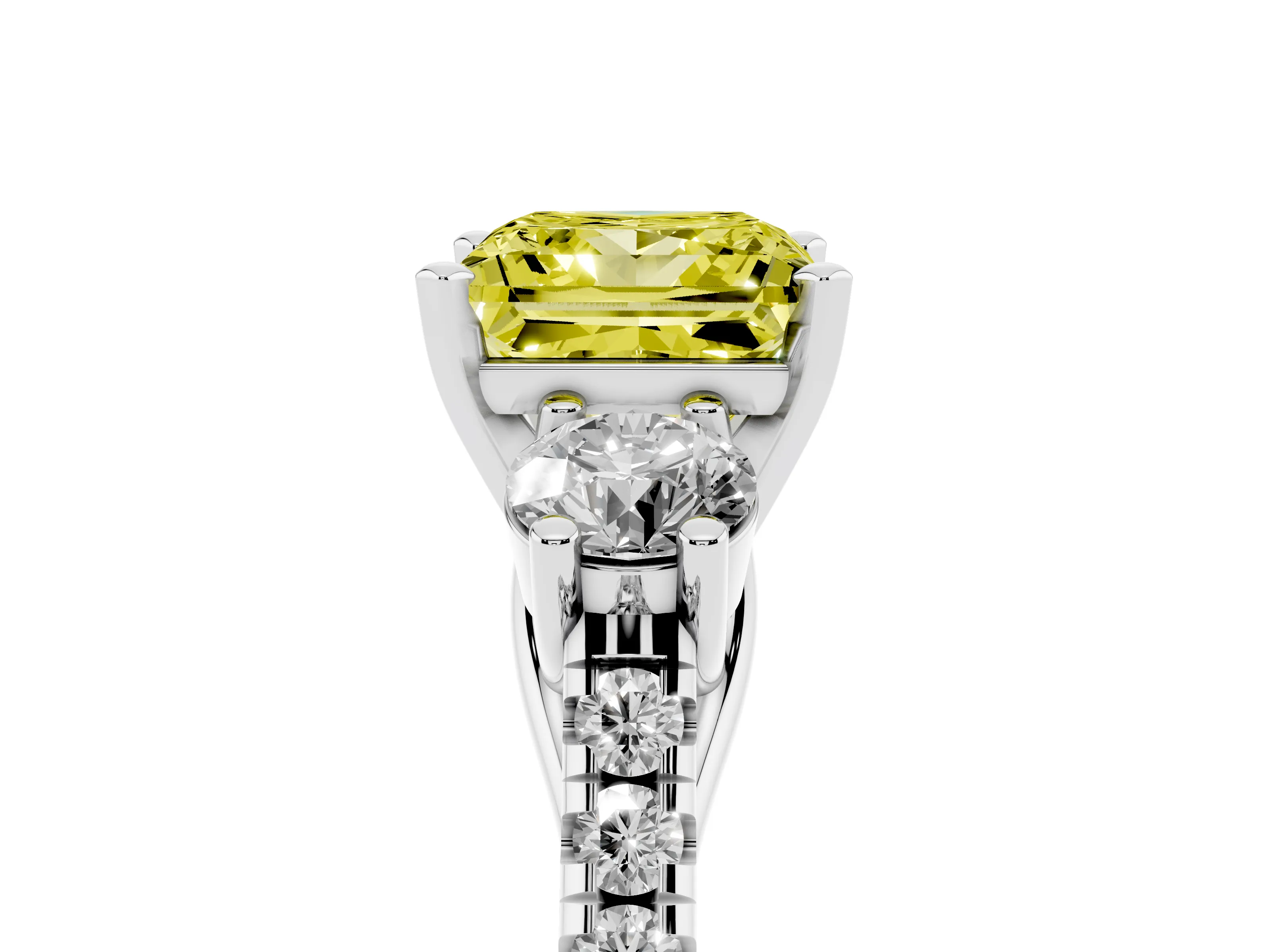 Fancy Yellow Three-Stone Princess Cut Diamond Pavé Band Ring Set in White gold with Prong-Set Trio