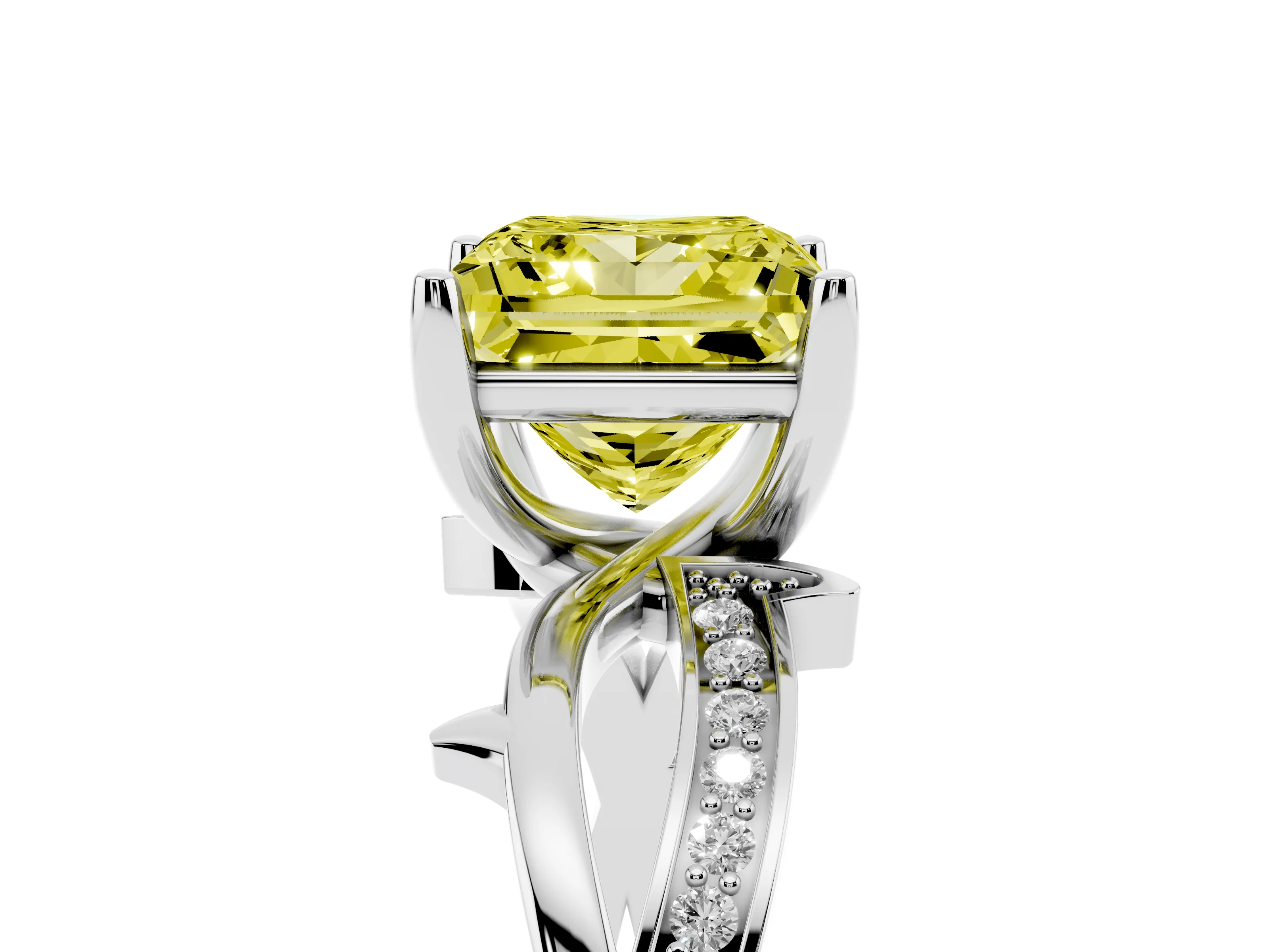 Fancy Yellow Princess Cut Diamond Pavé Twist Band Solitaire Ring Set in Platinum with Prong Setting