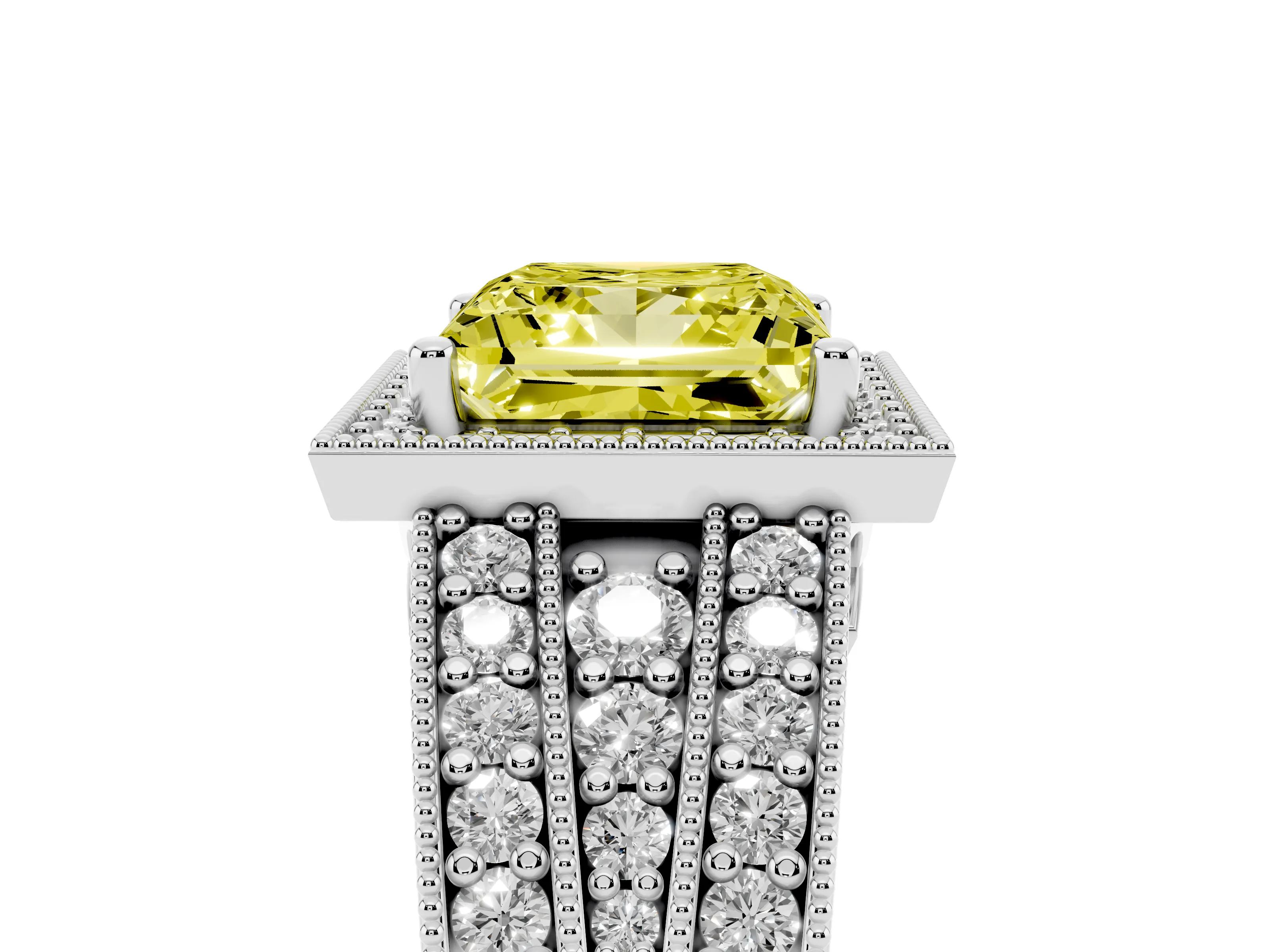 Fancy Yellow Princess Cut Diamond Halo Ring Set in White gold with Accent Split Shank and Prong Setting
