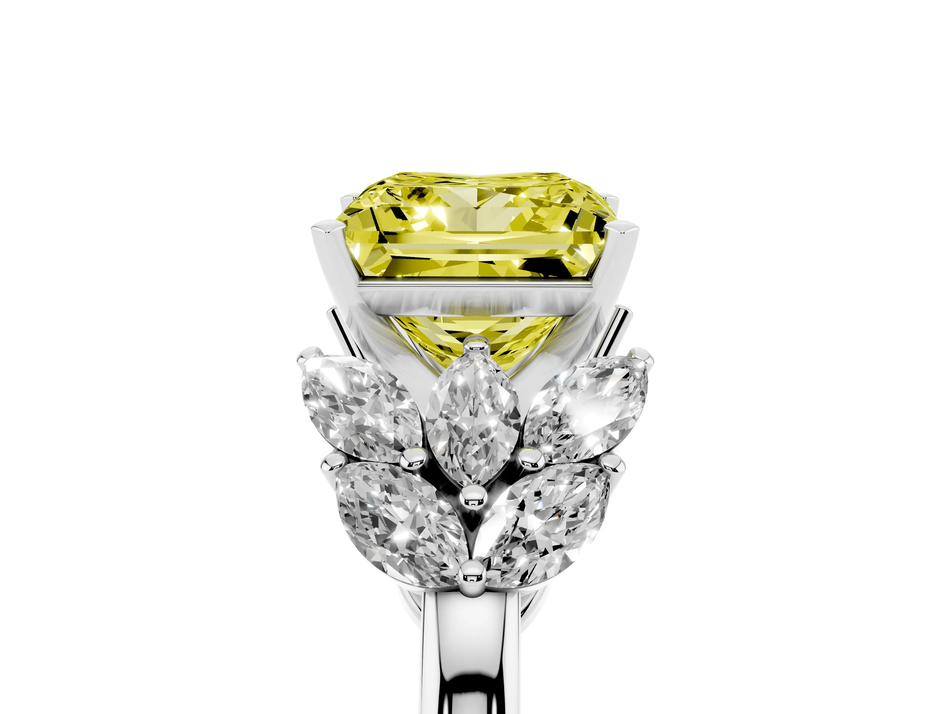 Fancy Yellow Princess Cut Diamond Cluster Leaf Design Ring Set in White gold with Prong Setting