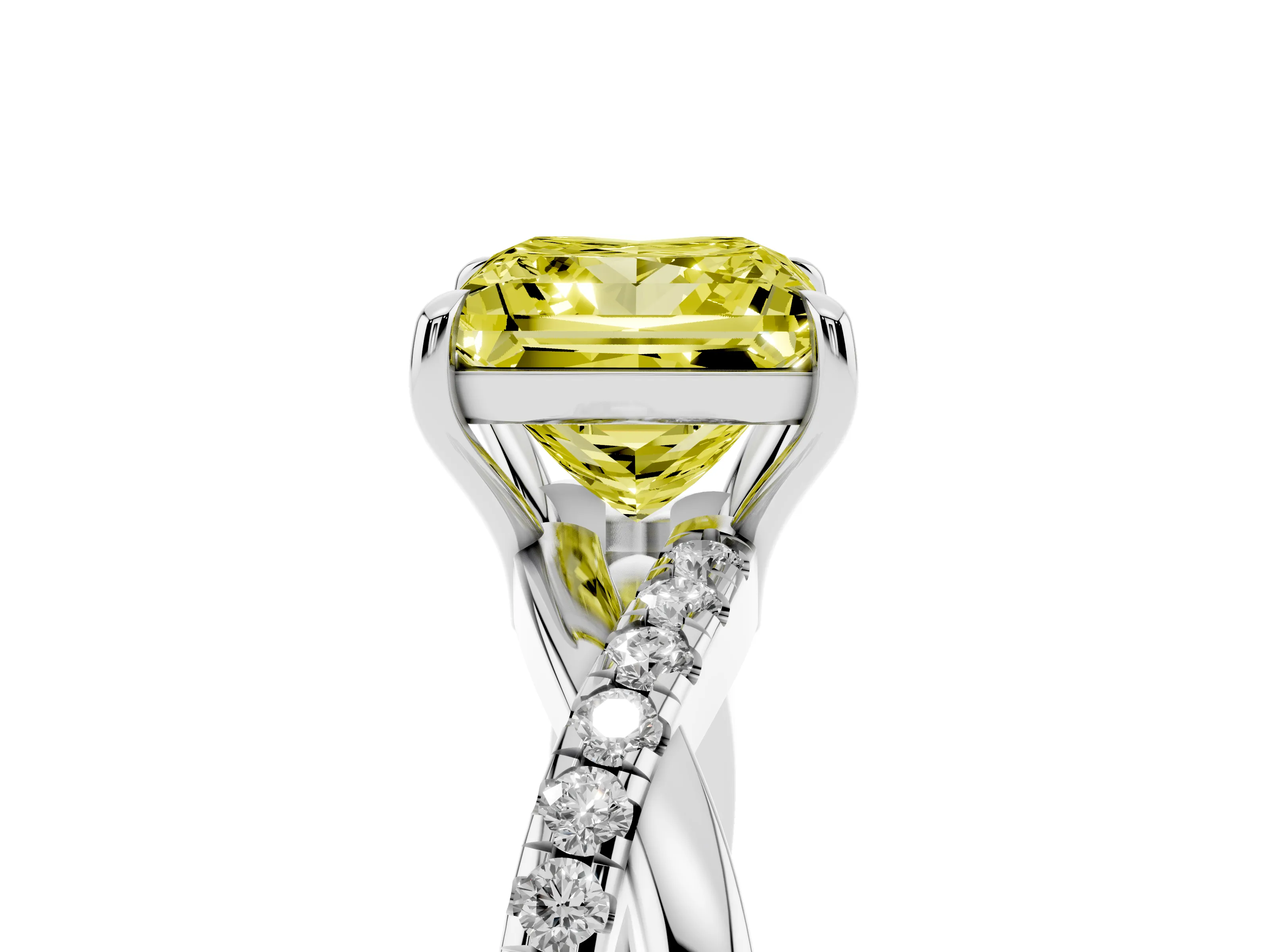 Fancy Yellow Princess Cut Diamond Twisted Pavé Band Ring Set in Silver with Prong Setting