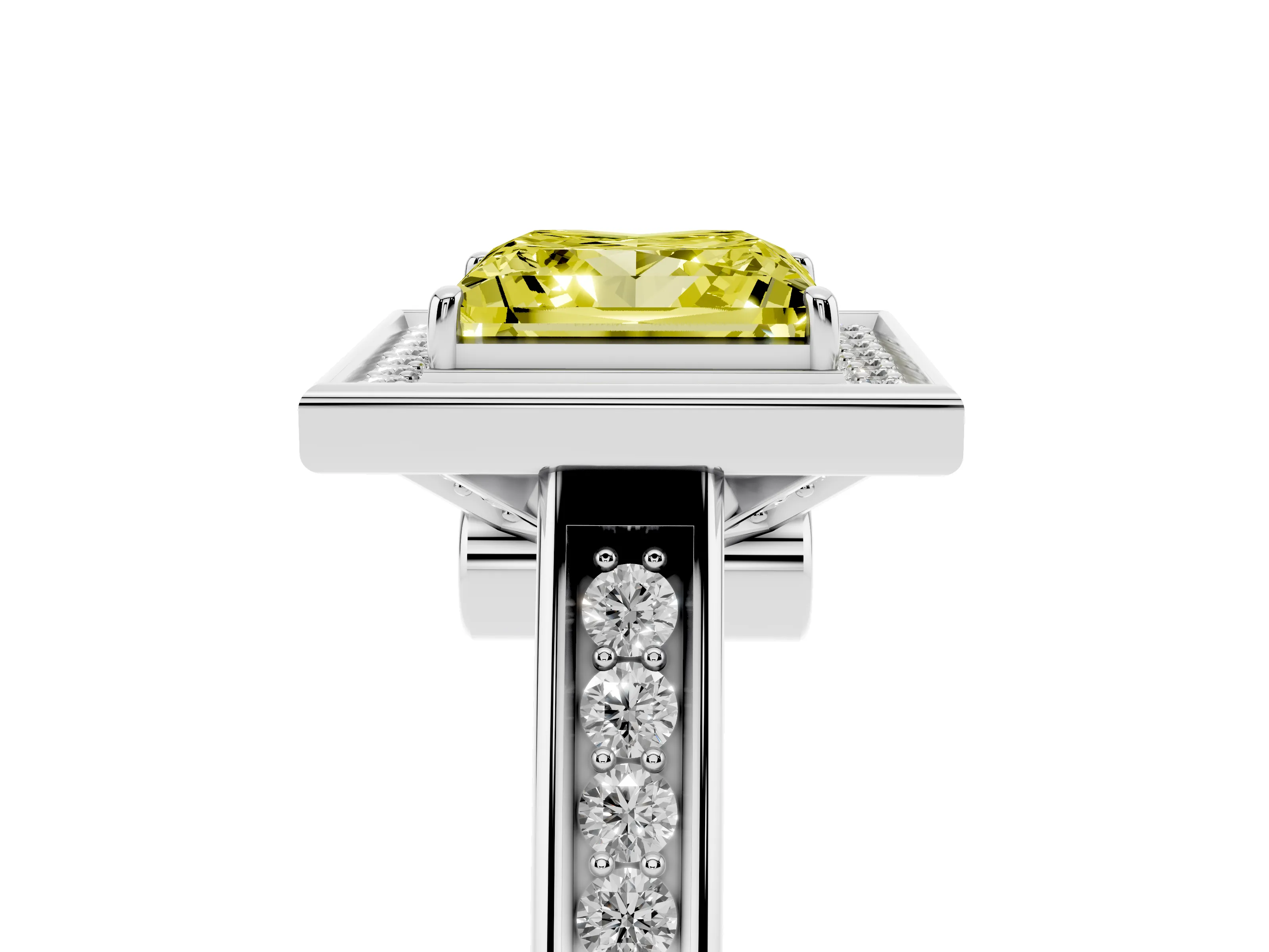 Fancy Yellow Princess Cut Diamond Halo Solitaire Ring Set in Platinum with Pavé Band and Bezel Setting