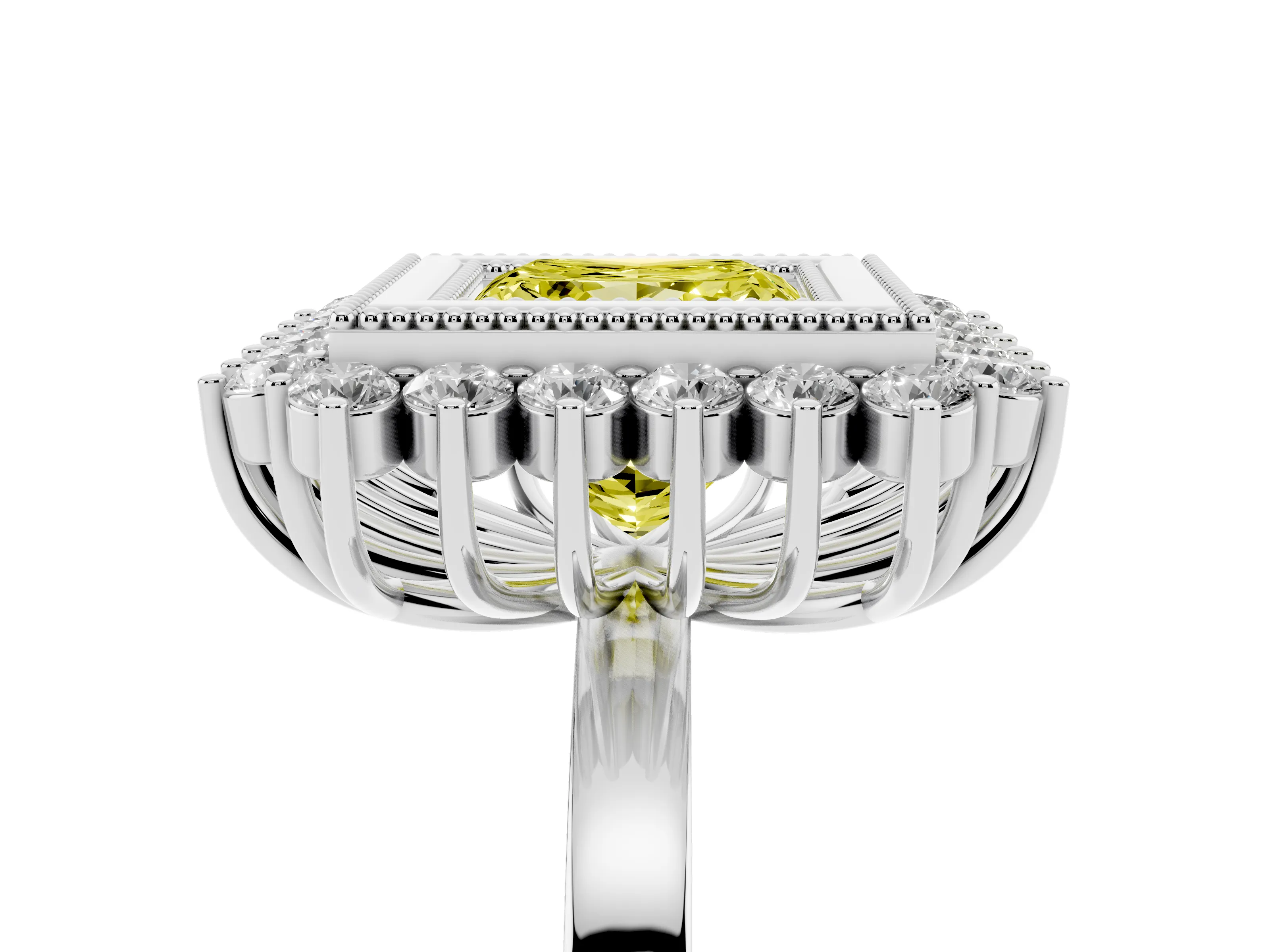Fancy Yellow Princess Cut Diamond Halo Ring Set in Platinum with Milgrain Edge and Round Prong Setting