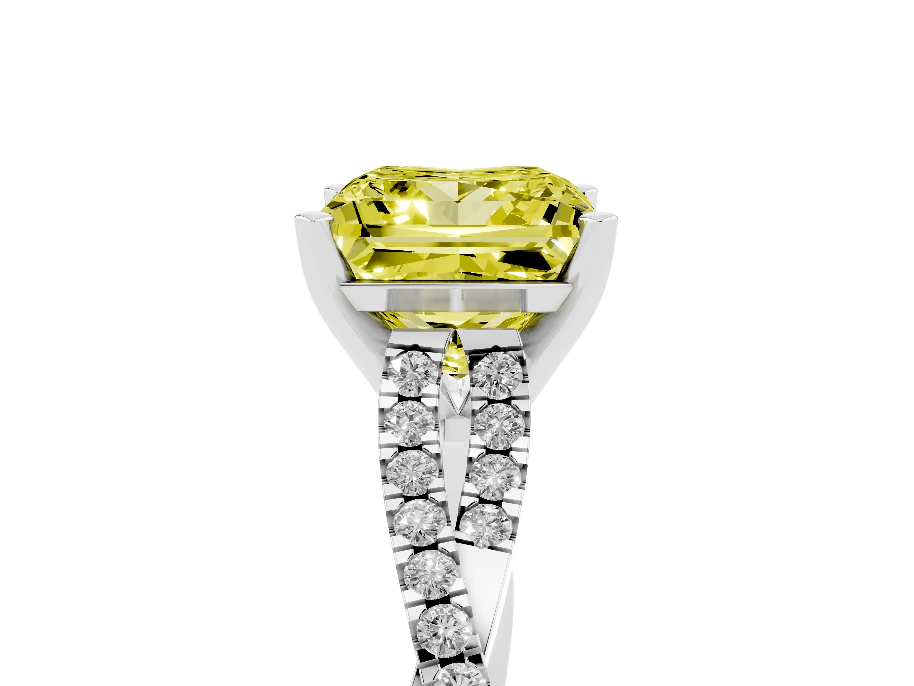 Fancy Yellow Princess Cut Diamond Solitaire Engagement Ring Set in White gold with Twisted Pavé Band and Prong Setting