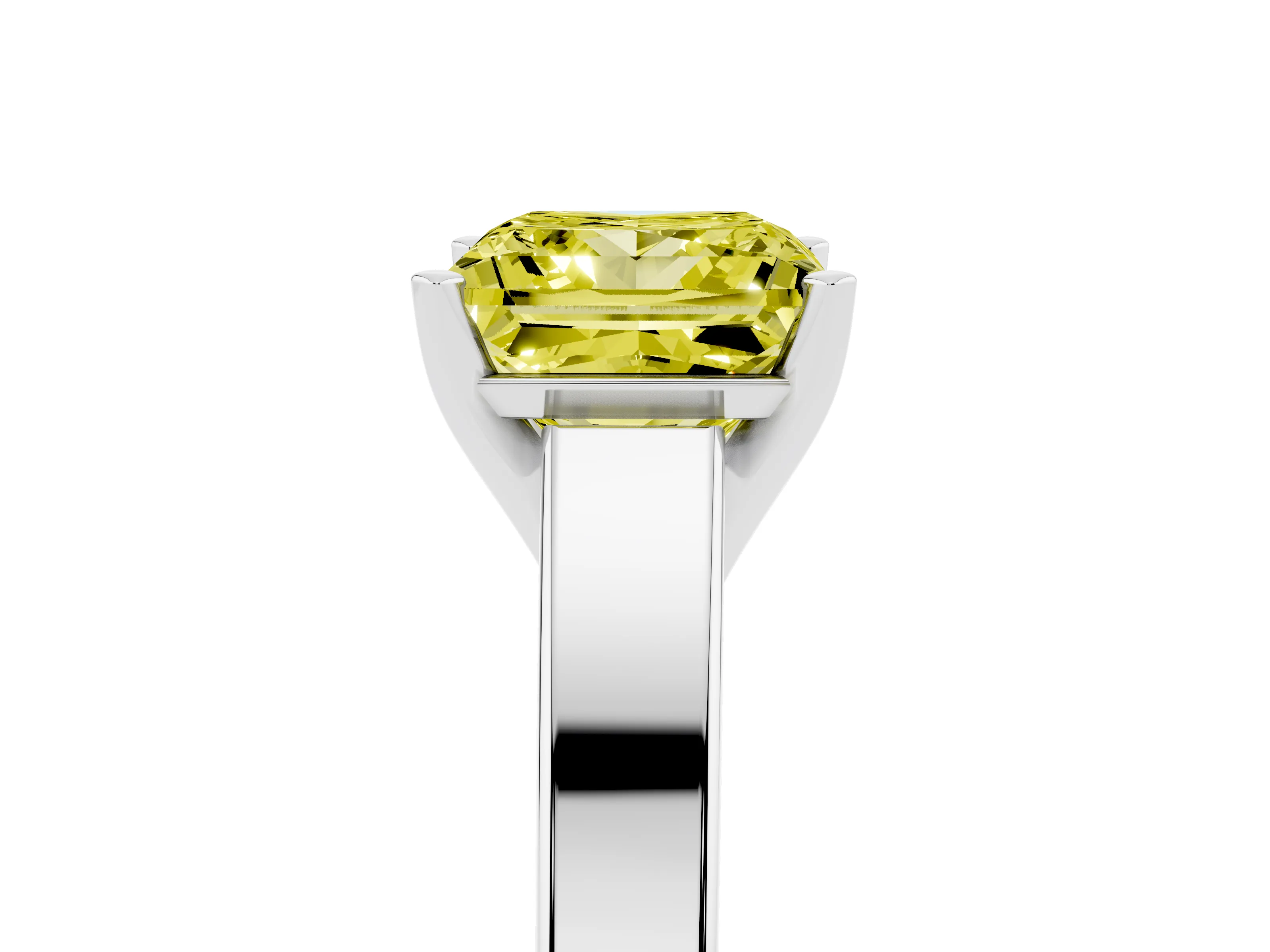 Fancy Yellow Princess Cut Diamond Solitaire Engagement Ring Set in White gold with Prong Setting and Tapered Band