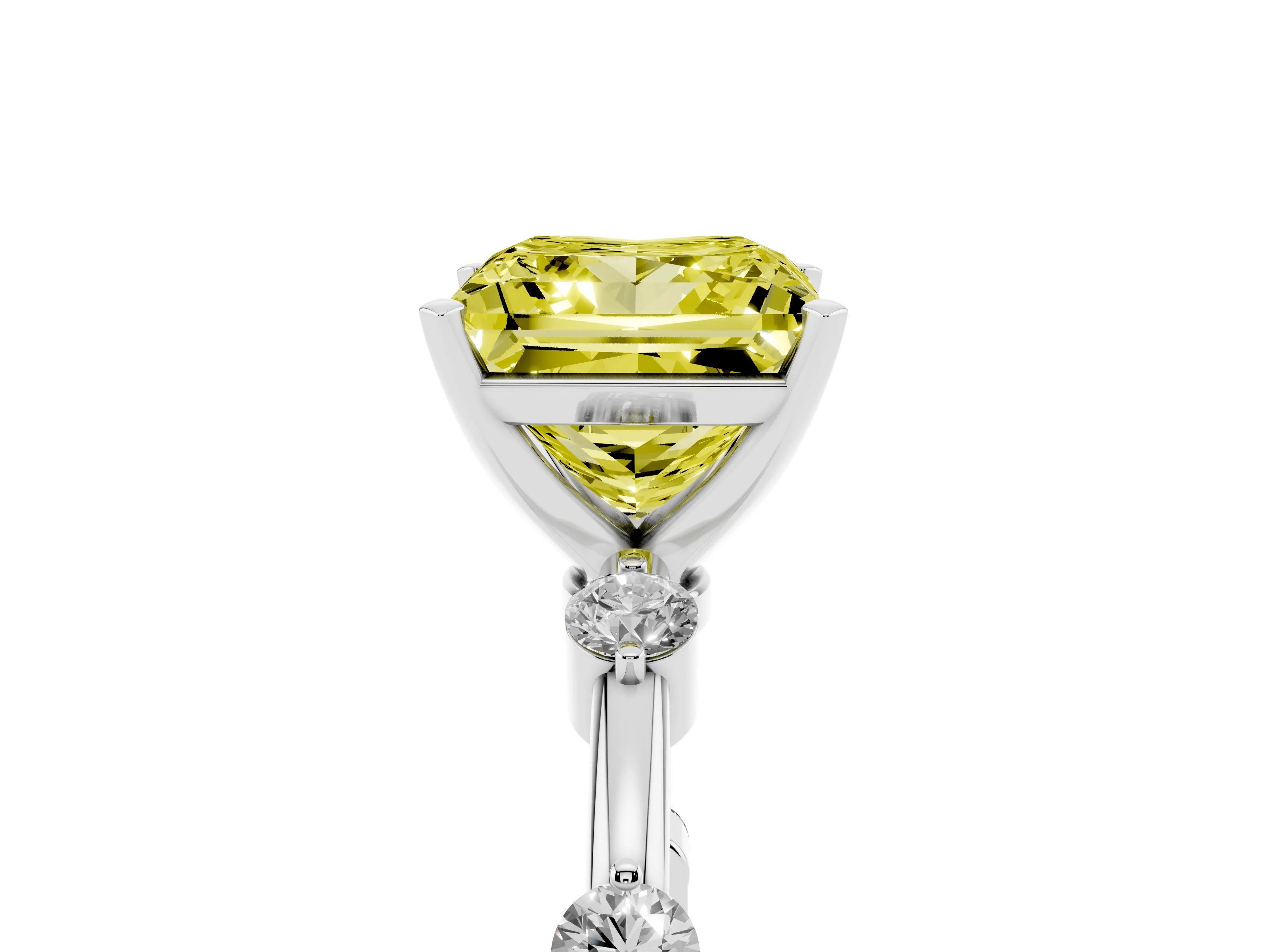 Fancy Yellow Princess Cut Diamond Solitaire Ring Set in Silver with Bezel Set Side Stones and Prong Setting