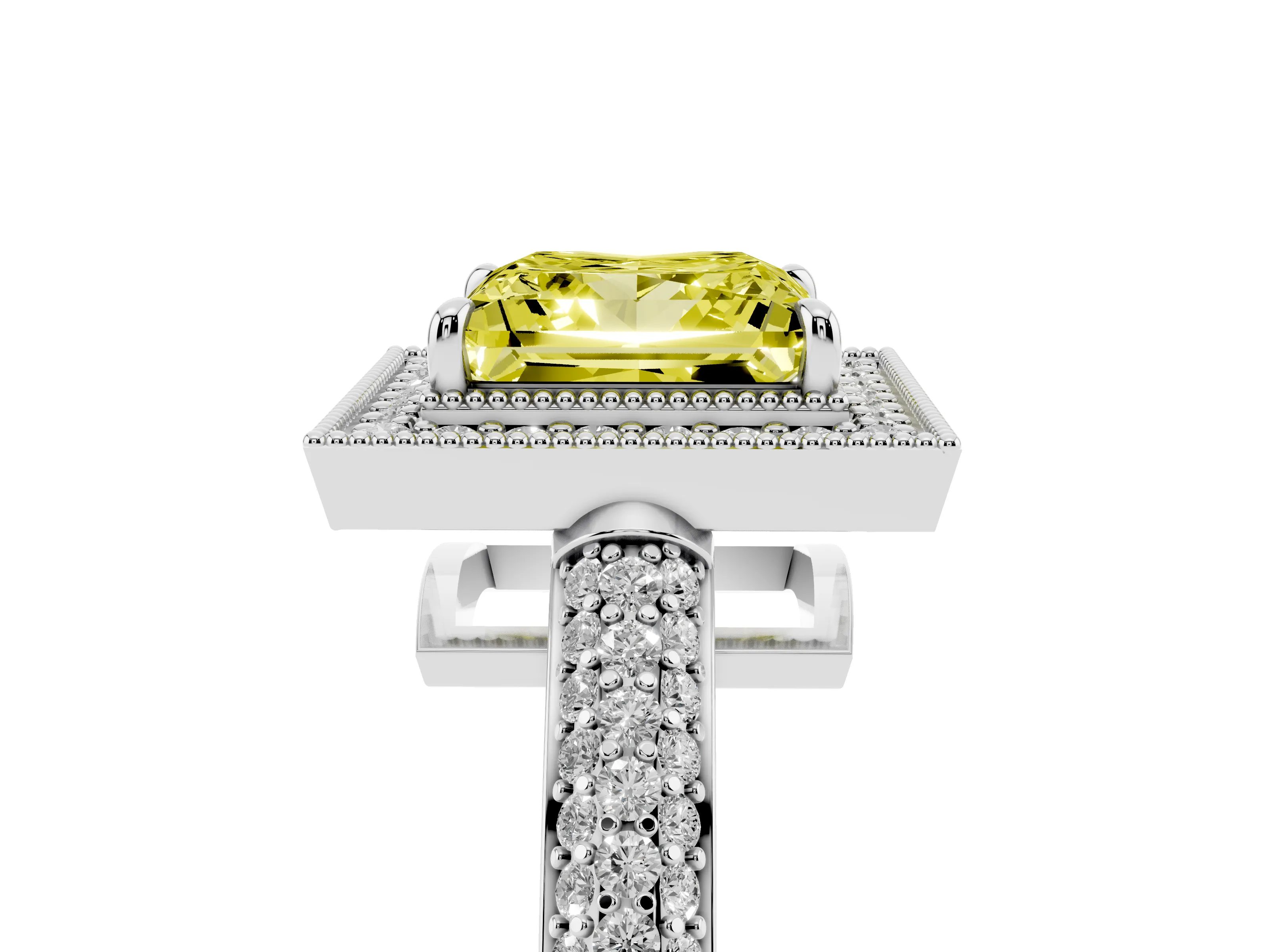 Fancy Yellow Princess Cut Diamond Halo Pavé Band Set in Platinum with Prong Setting
