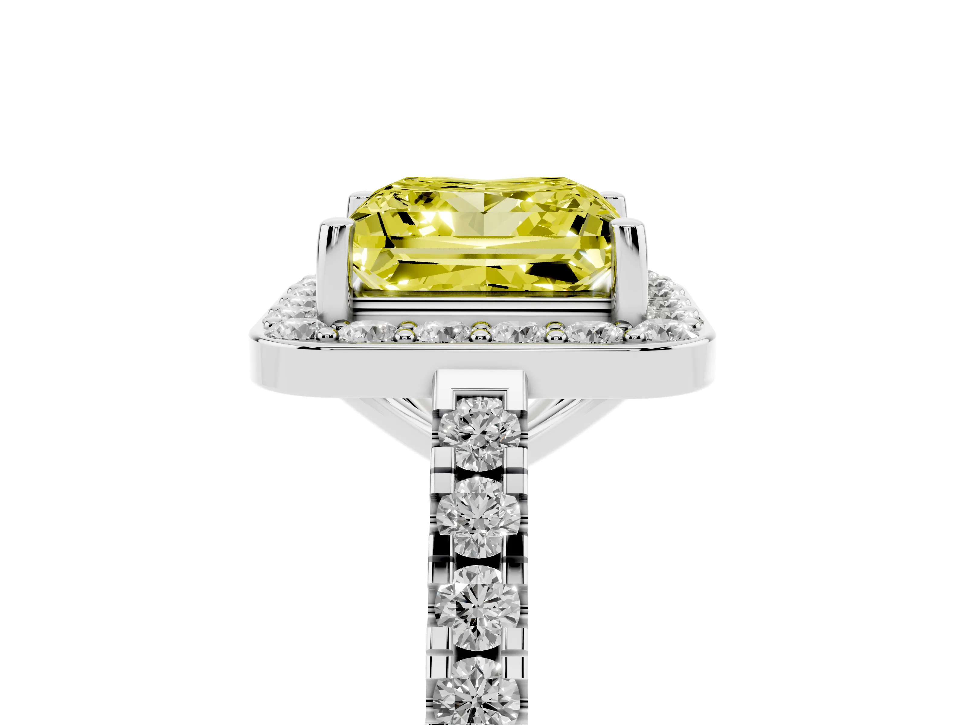 Fancy Yellow Princess Cut Diamond Halo Ring Set in White gold with Round Pavé Split Shank and Prong Setting