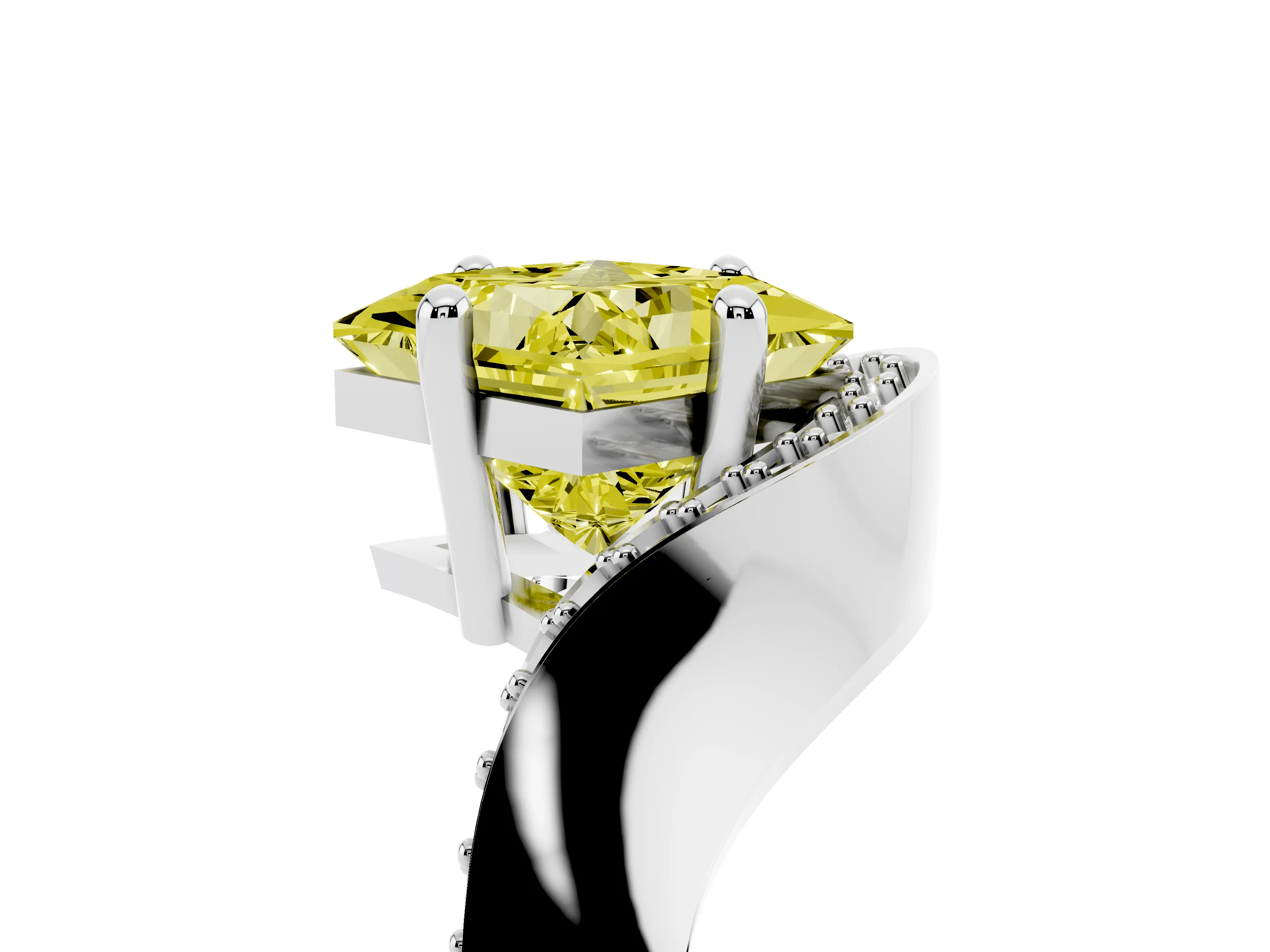 Fancy Yellow Princess Cut Diamond Solitaire Engagement Ring Set in Silver with Pavé Shoulders
