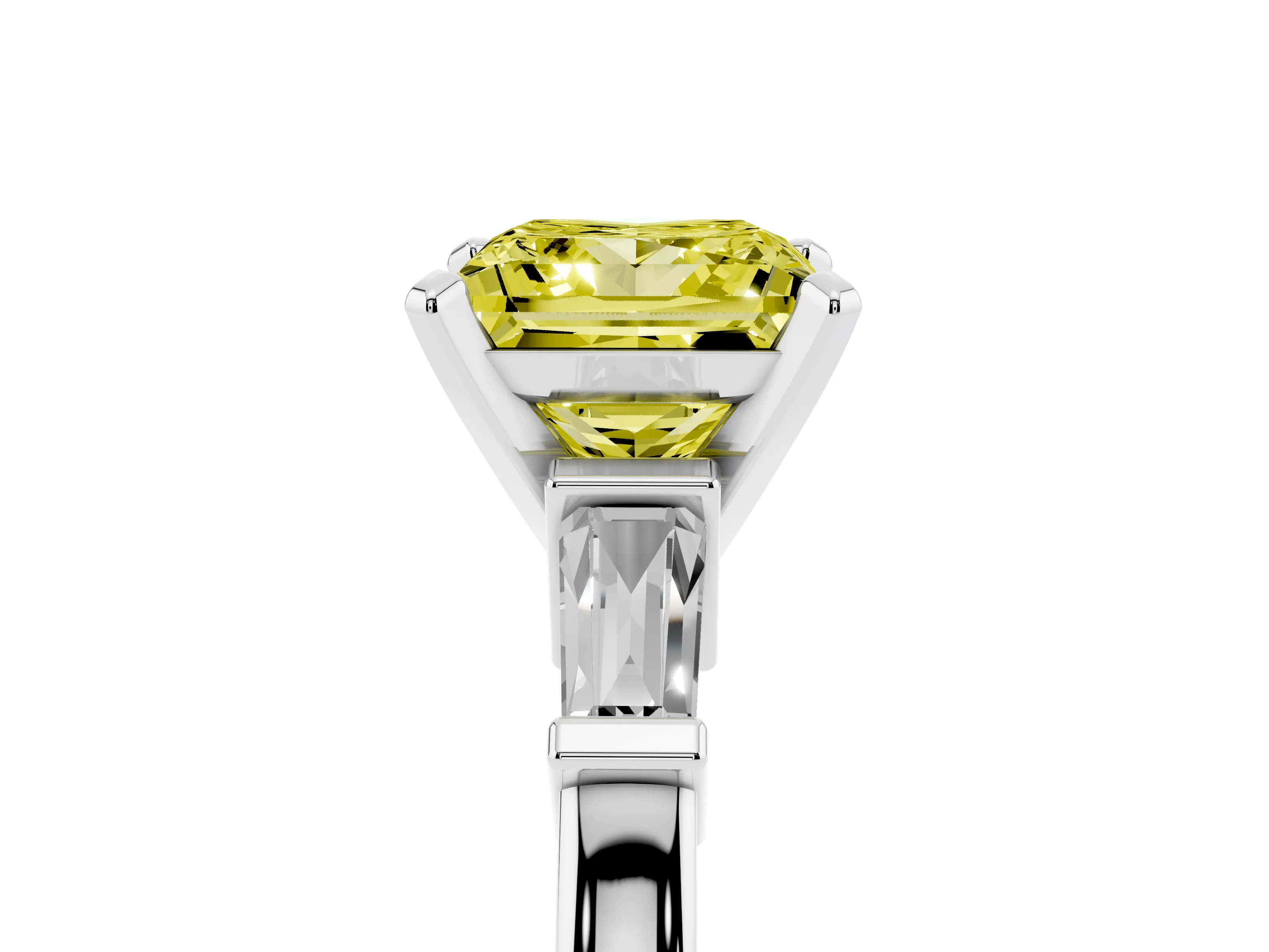Fancy Yellow Princess Cut Diamond Solitaire Ring Set in White gold with Tapered Baguette Accents and Prong Setting