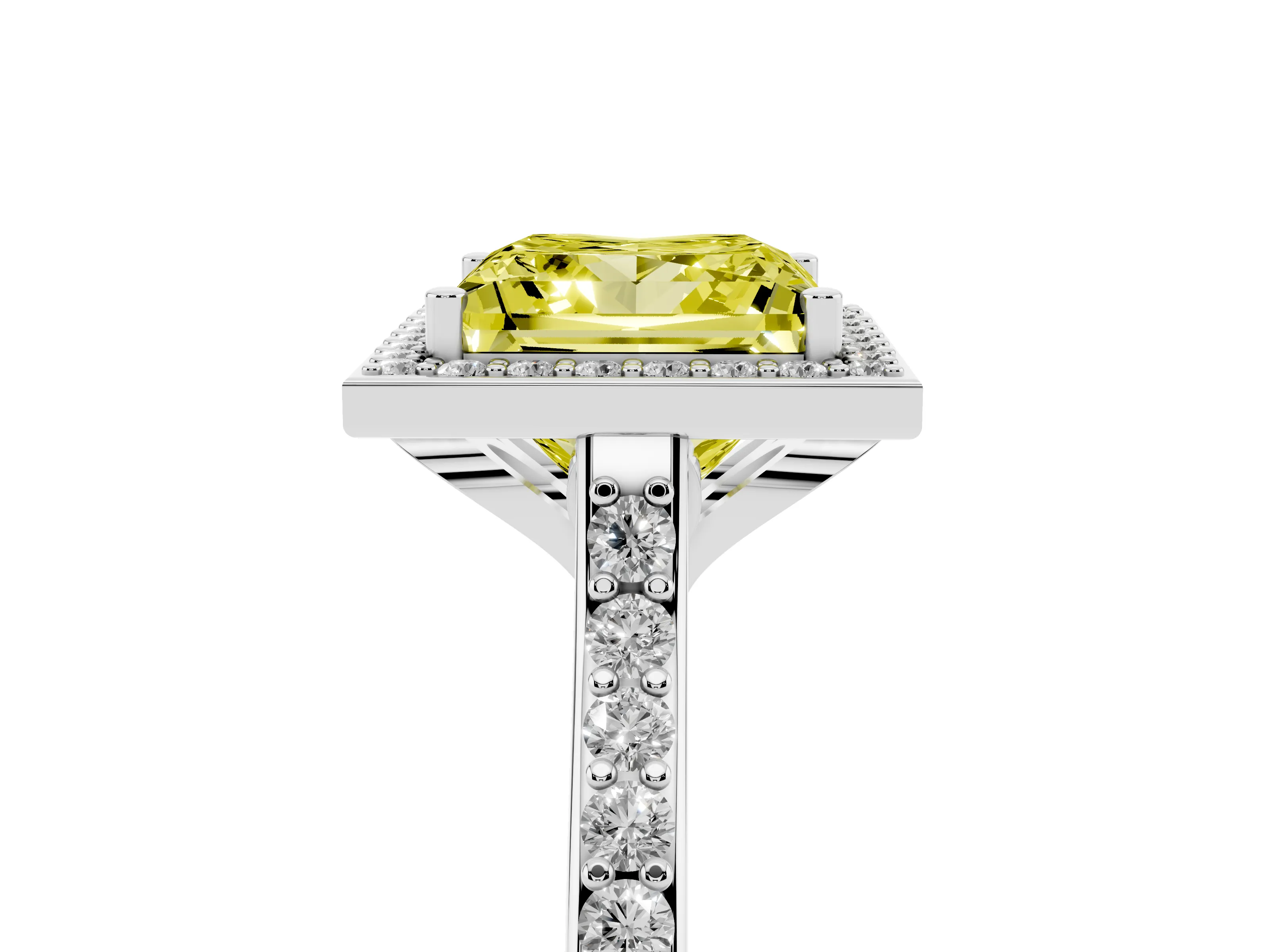 Fancy Yellow Princess Cut Diamond Halo Engagement Ring Set in White gold with Round Pavé Shoulders and Heart Gallery