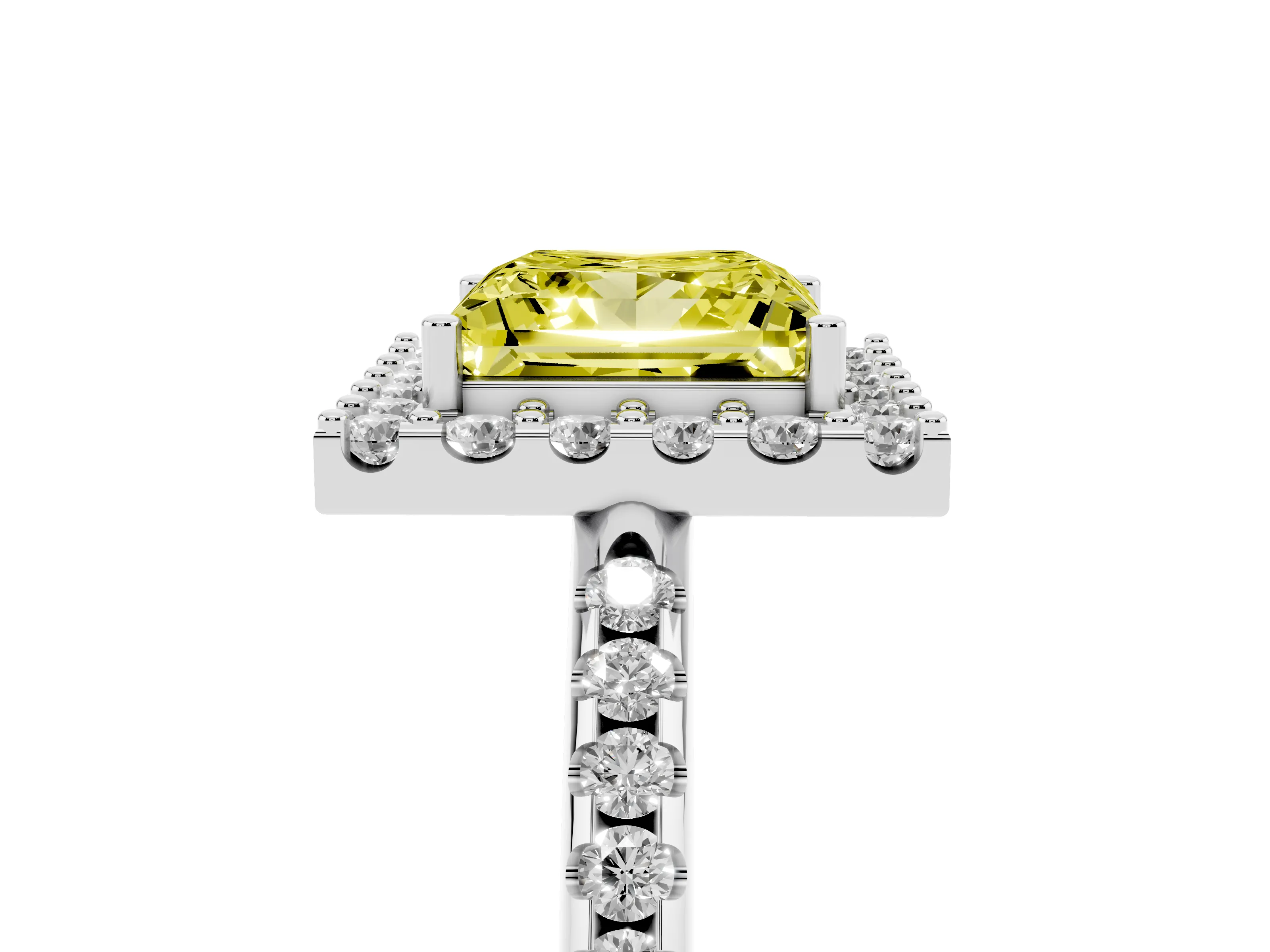 Fancy Yellow Princess Cut Diamond Pavé Halo Ring Set in Platinum with Prong Setting