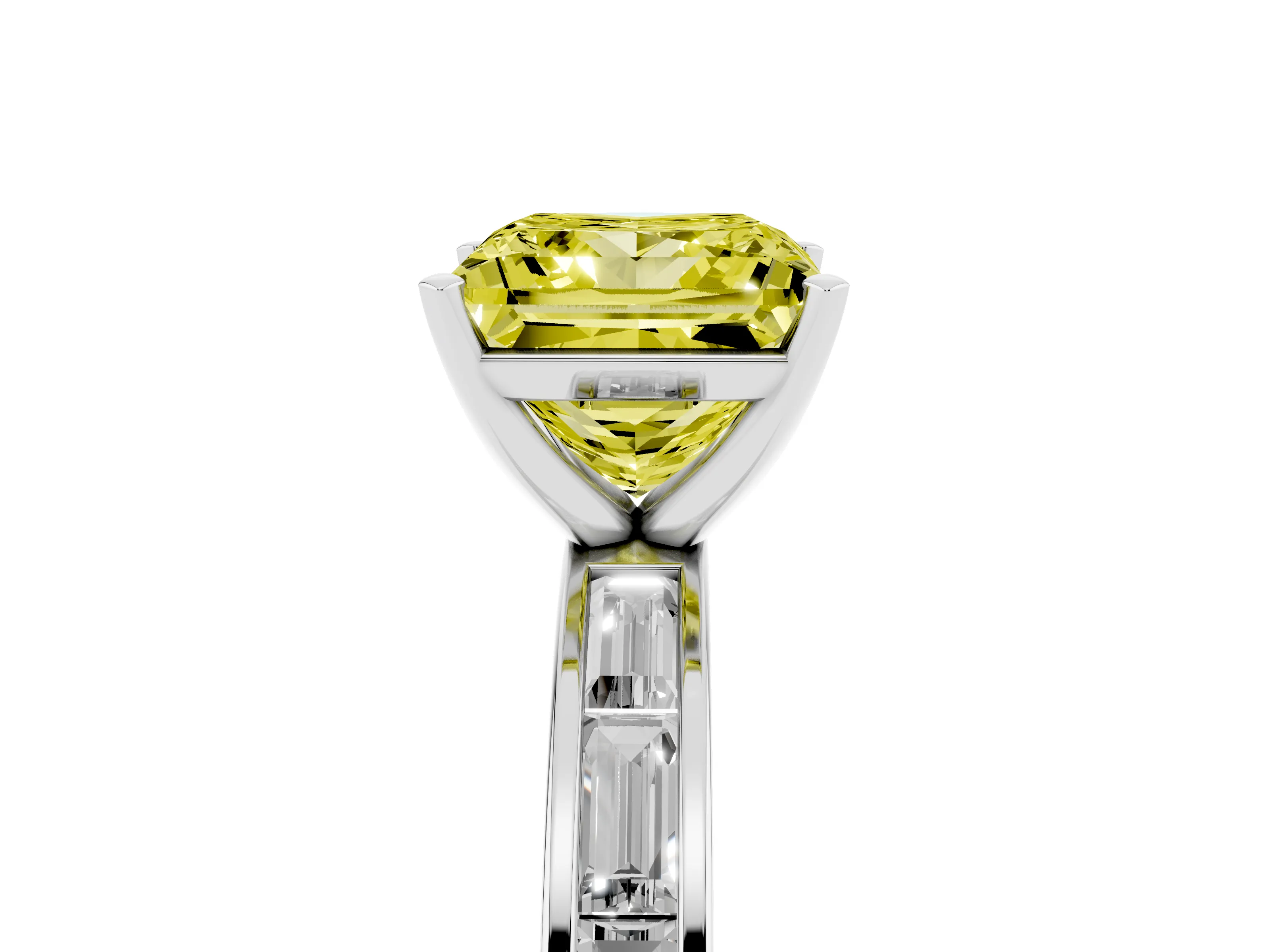 Fancy Yellow Princess Cut Diamond Solitaire Ring Set in Silver with Channel-Set Baguette Band and Prong Setting