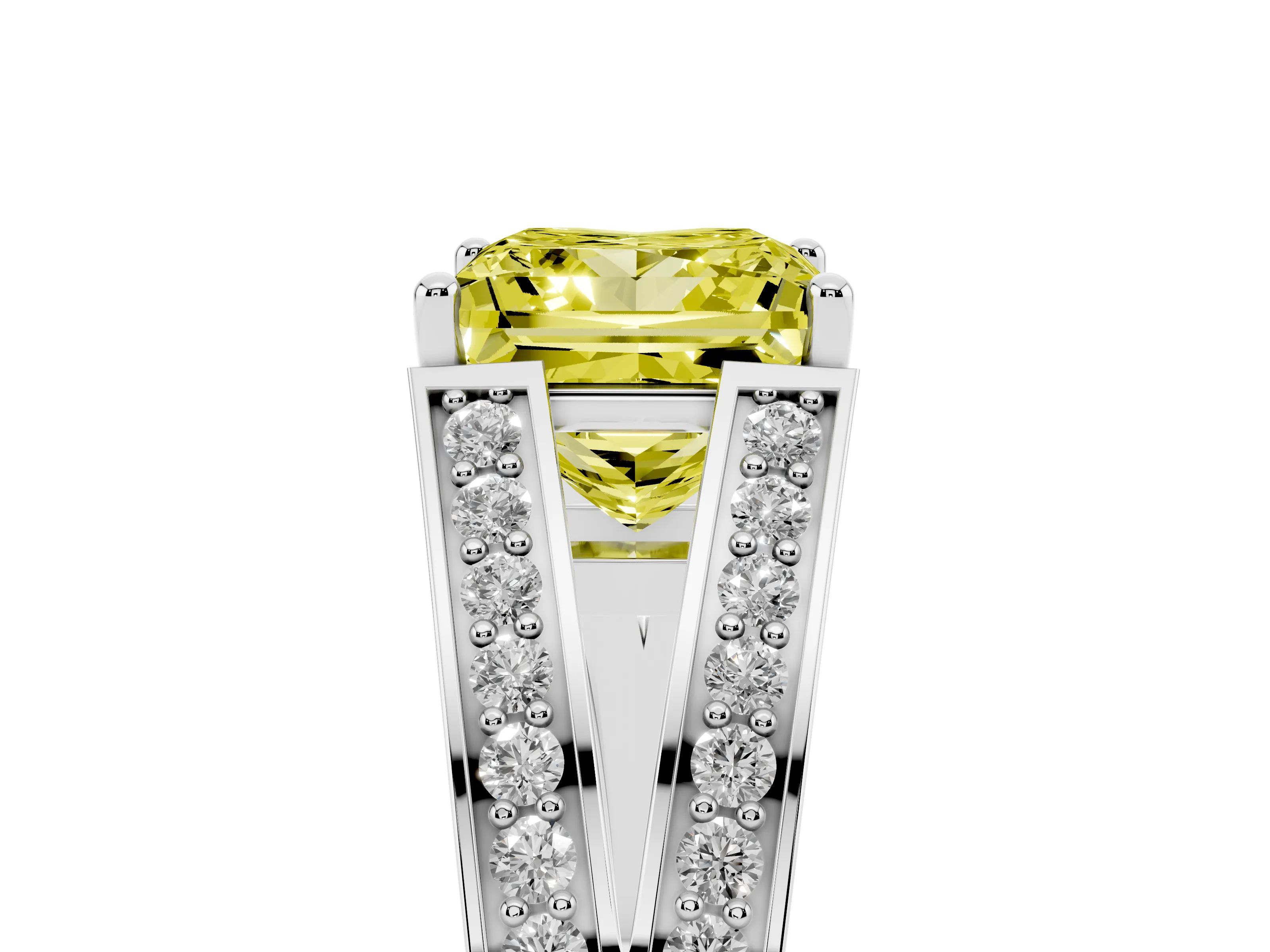 Fancy Yellow Princess Cut Diamond Split Shank Ring Set in Platinum with Pavé Band and Prong Setting