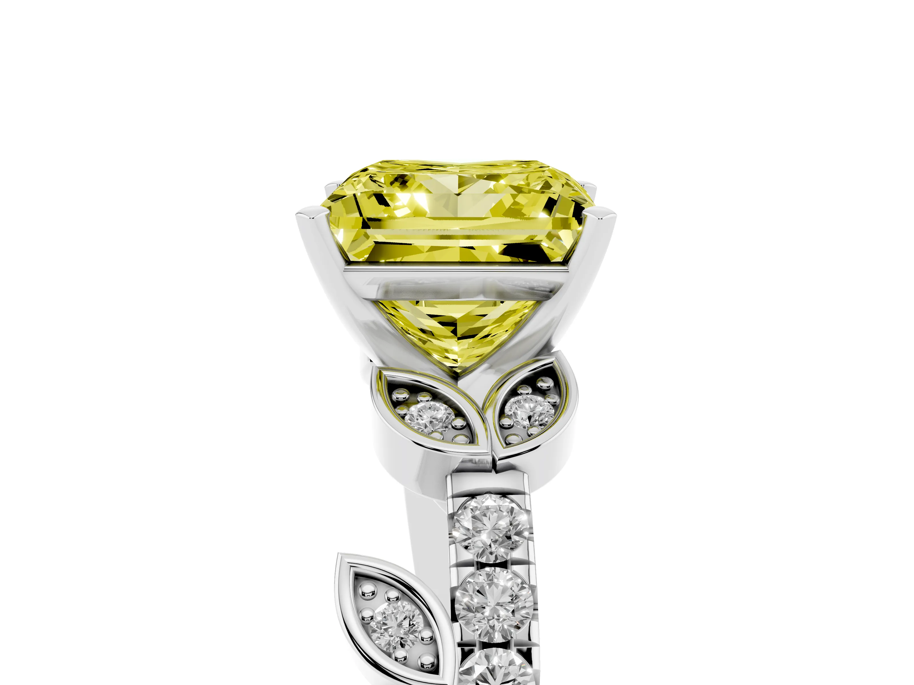 Fancy Yellow Princess Cut Diamond Solitaire Leaf-Inspired Ring Set in White gold with Pavé Band and Prong Setting