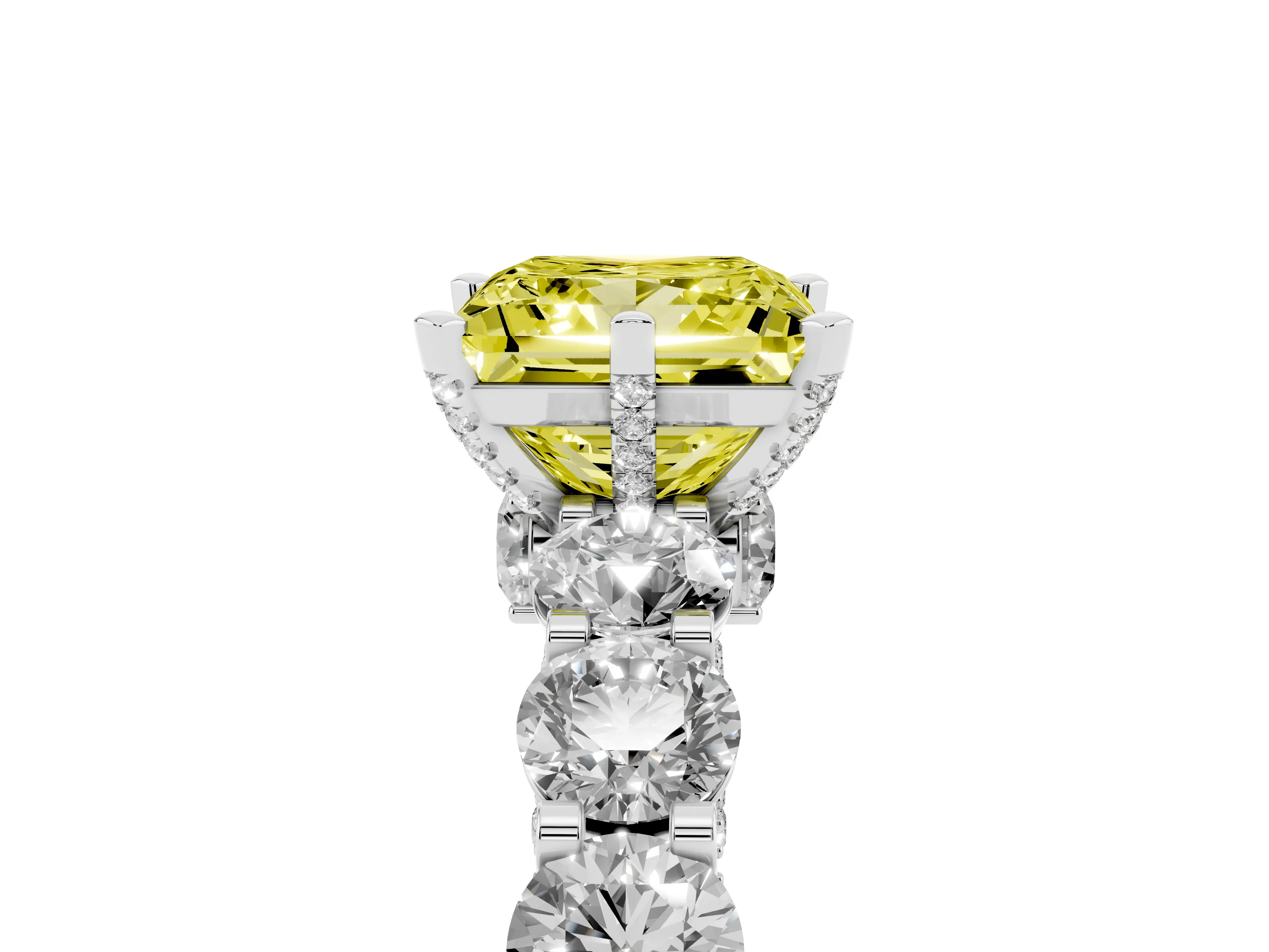 Fancy Yellow Princess Cut Diamond Side Stone Ring Set in Silver with Alternating Round and Oval Side Stones