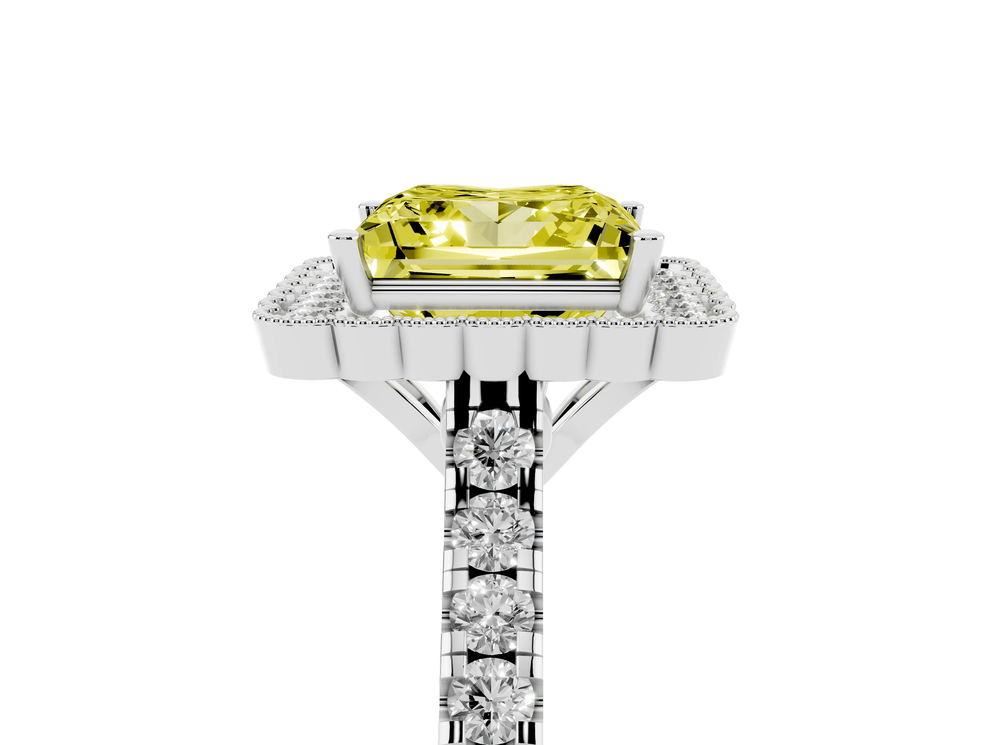 Fancy Yellow Princess Cut Diamond Milgrain Floral Halo Engagement Ring Set in White gold with Pavé Band