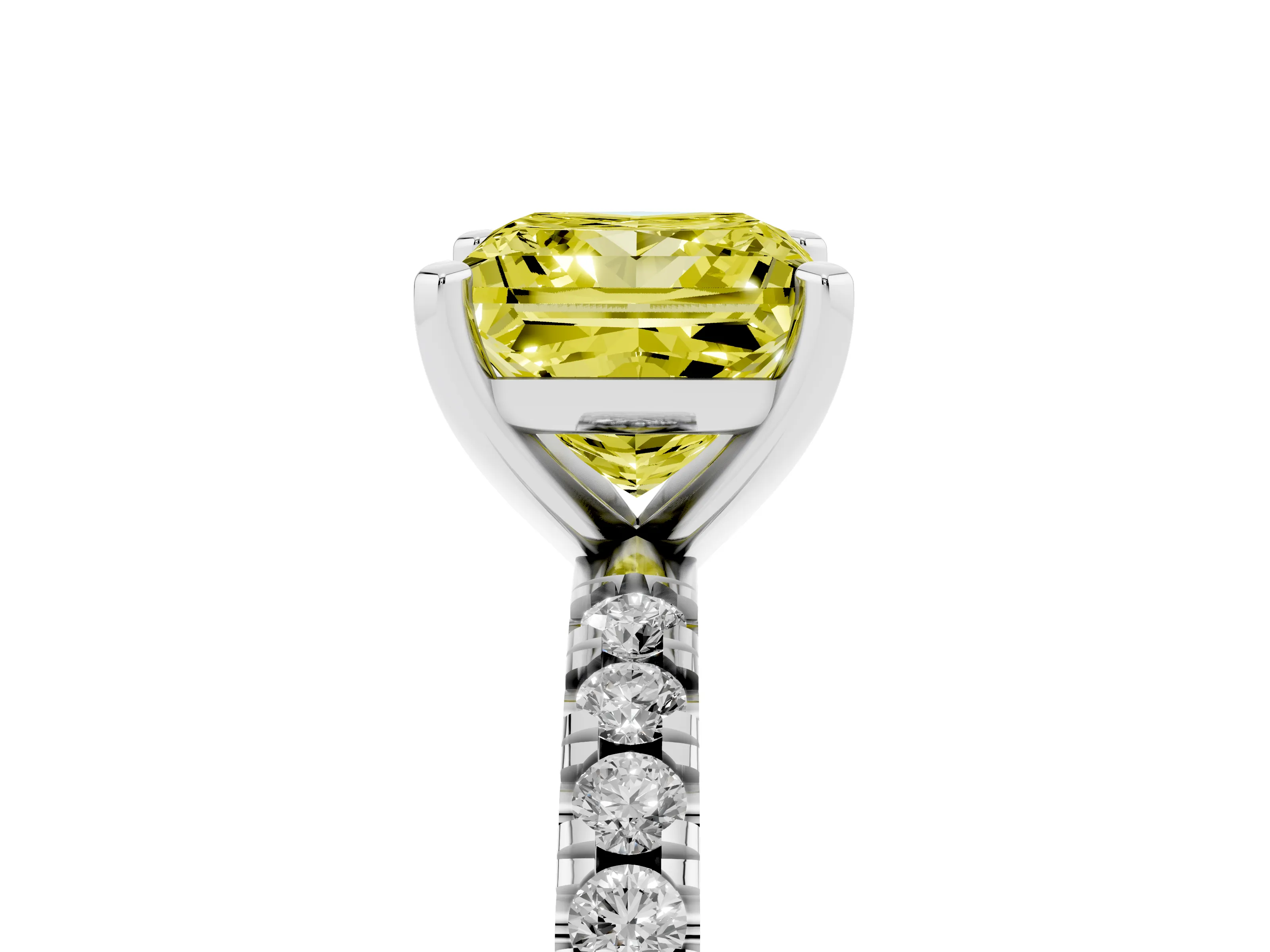 Fancy Yellow Princess Cut Diamond Pavé Band Solitaire Set in White gold with Prong Setting