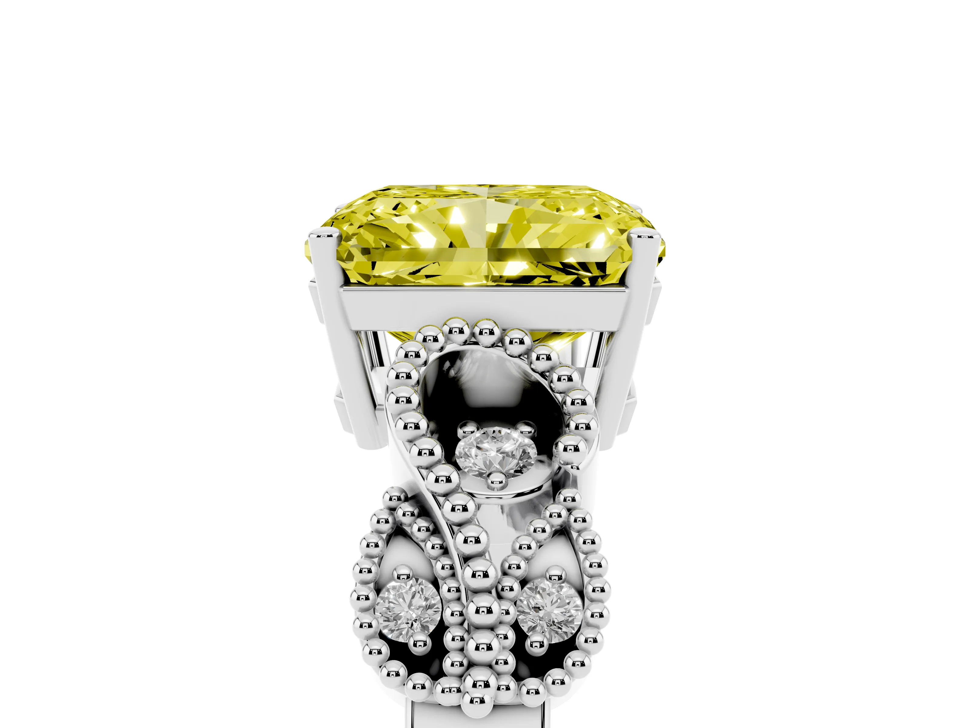 Fancy Yellow Princess Cut Diamond Milgrain Leaf Band Solitaire Ring Set in Silver with Accent Stones and Prong Setting
