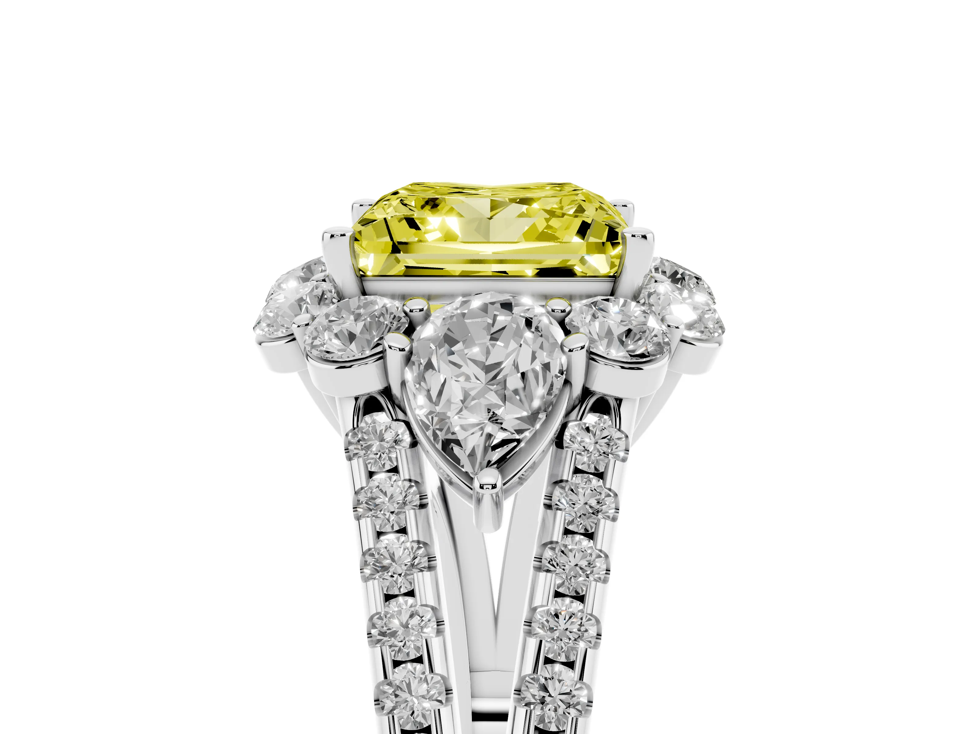 Fancy Yellow Princess Cut Diamond Halo Split Shank Engagement Ring Set in Platinum with Prong-Held Center Stone