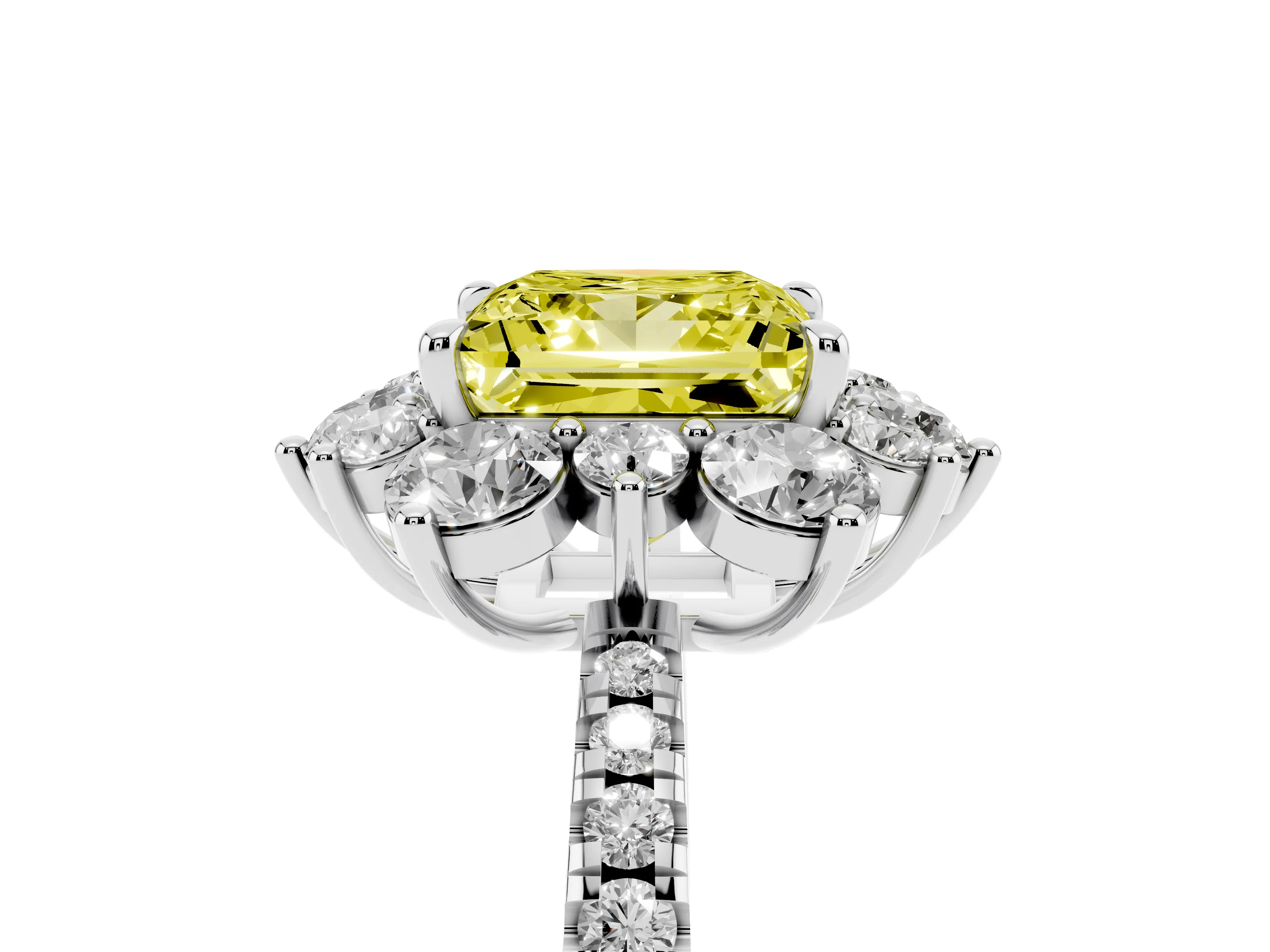 Fancy Yellow Princess Cut Diamond Floral Halo Ring Set in Platinum with Round Pavé Band and Prong Setting