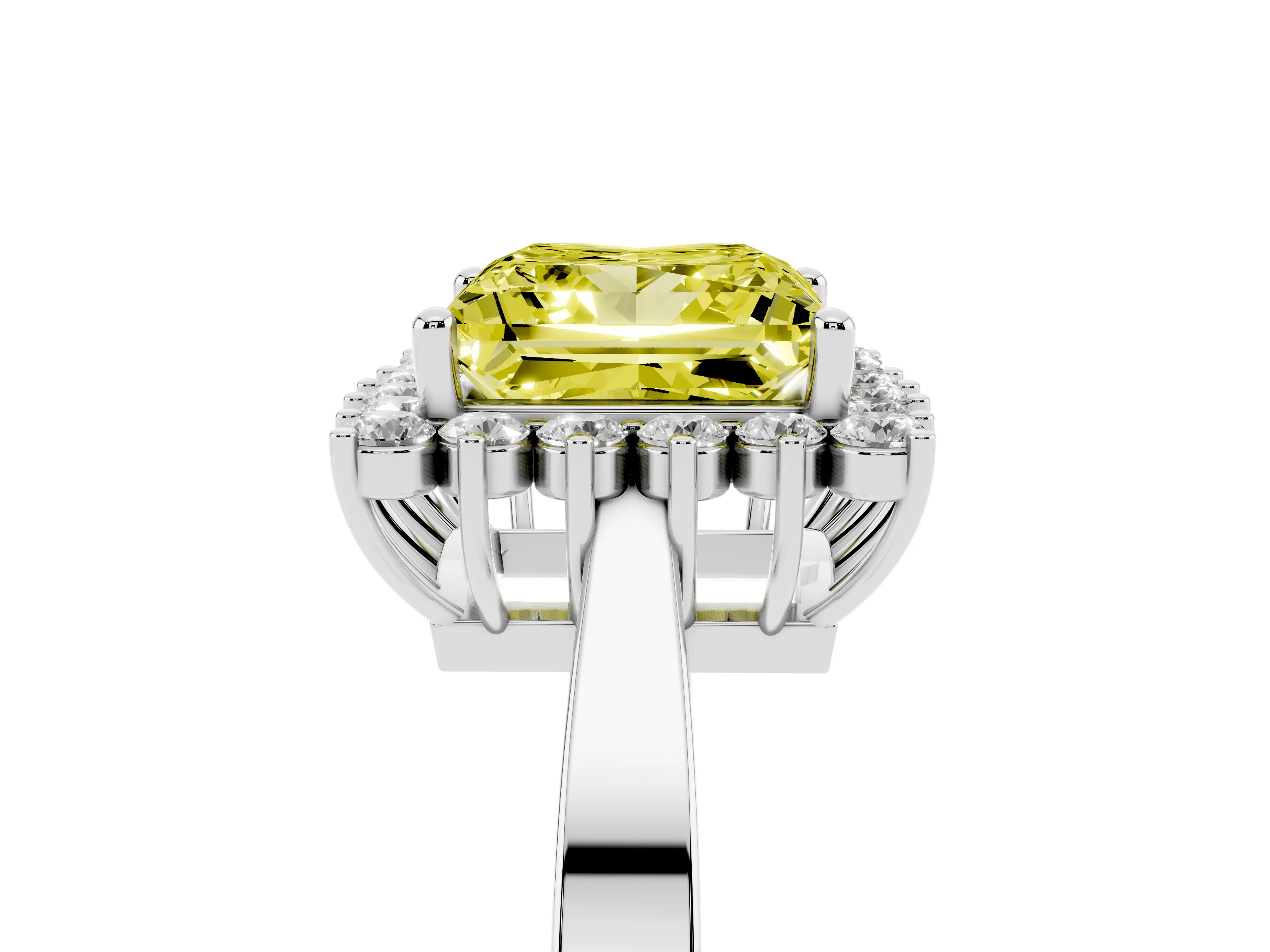 Fancy Yellow Princess Cut Diamond Halo Ring Set in White gold with Round Halo and Smooth Solitaire Band