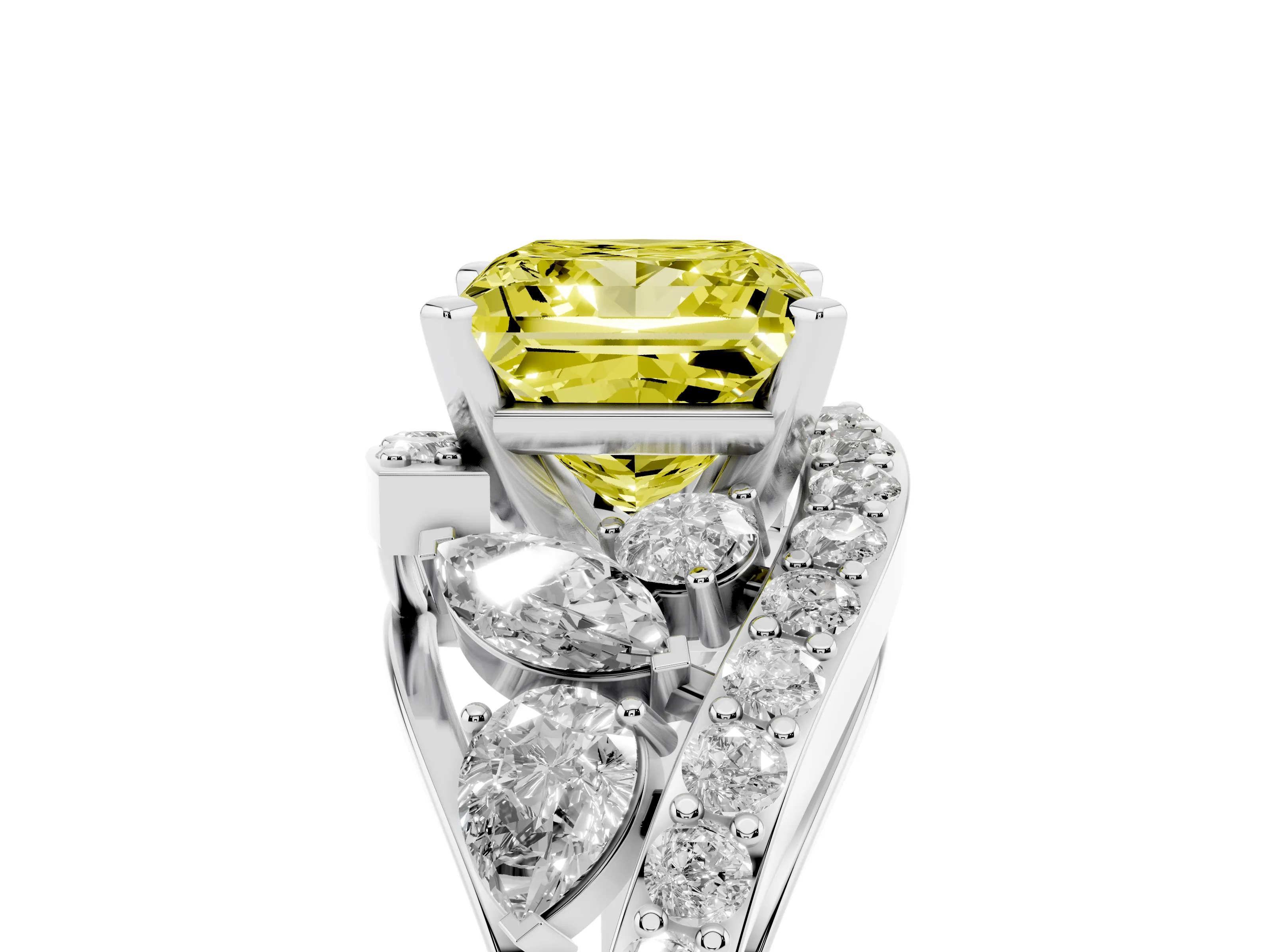 Fancy Yellow Princess Cut Diamond Halo Ring Set in White gold with Marquise and Pavé Band in Prong Setting