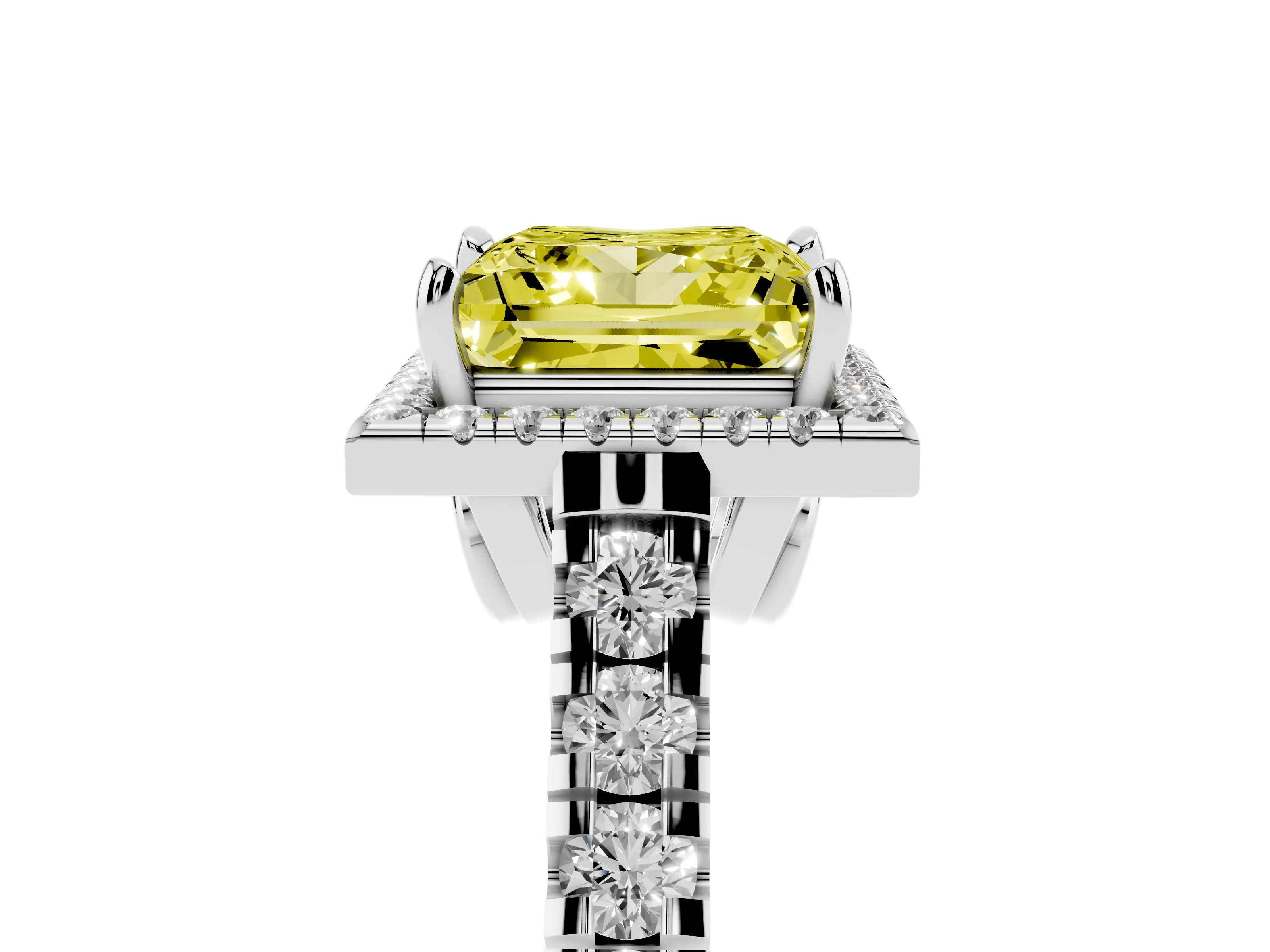 Fancy Yellow Princess Cut Diamond Halo Engagement Ring Set in Platinum with Pavé Band and Prong-Set Center