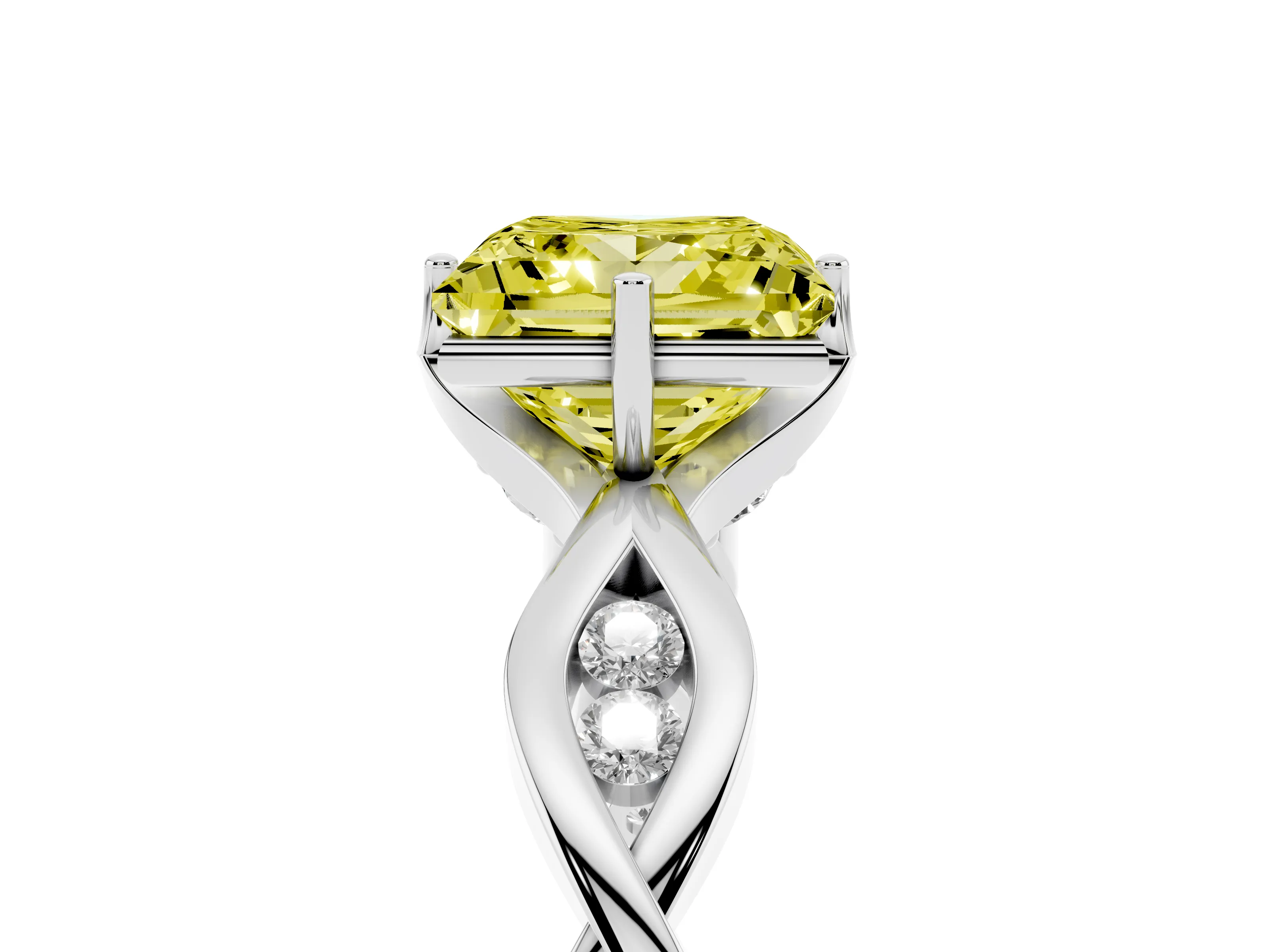 Fancy Yellow Princess Cut Diamond Twist Band Solitaire Ring Set in White gold with Leaf Prong Setting and Accent Stones