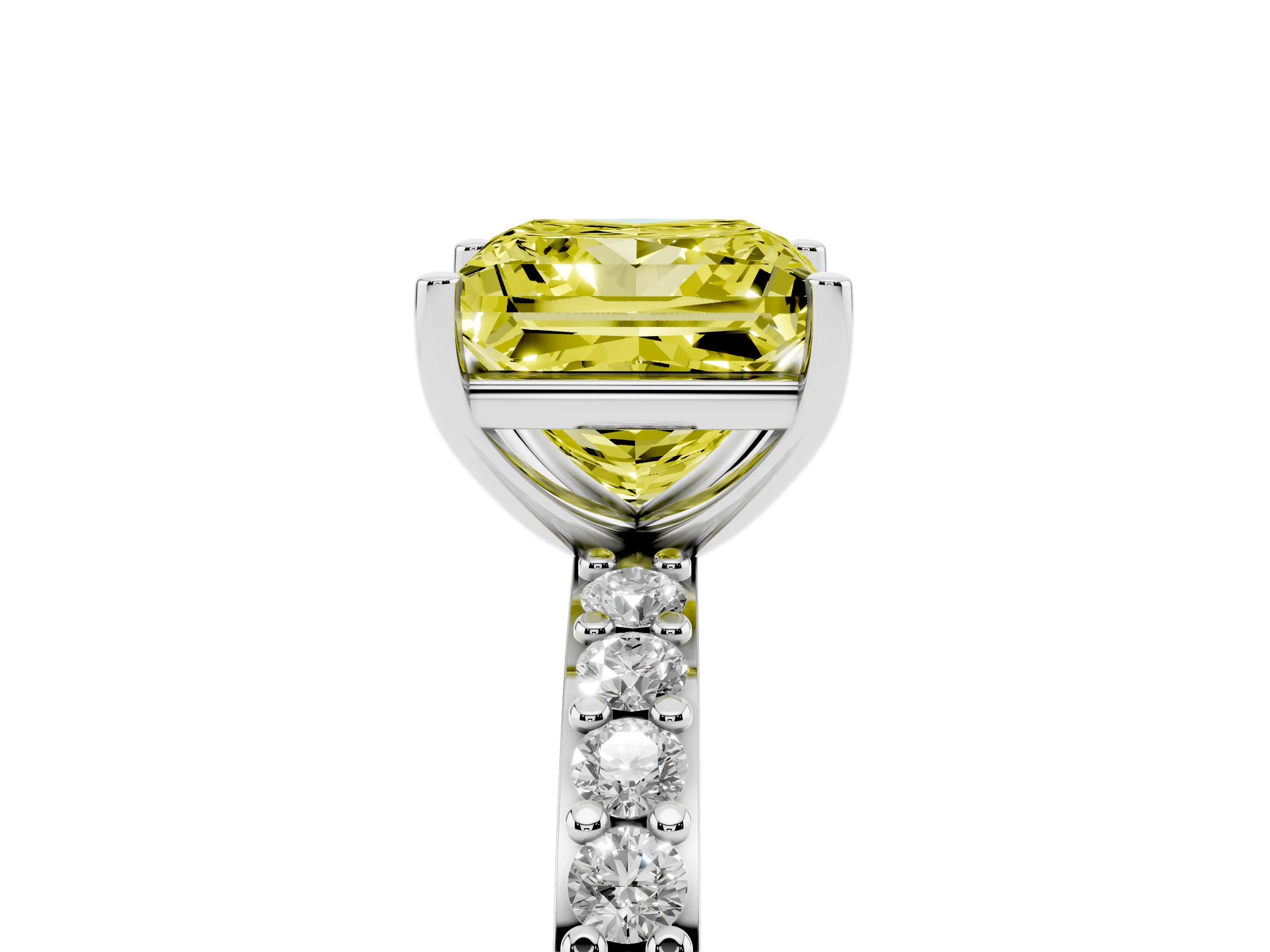 Fancy Yellow Princess Cut Diamond Solitaire Set in White gold with Round Pavé Band and Prong Setting