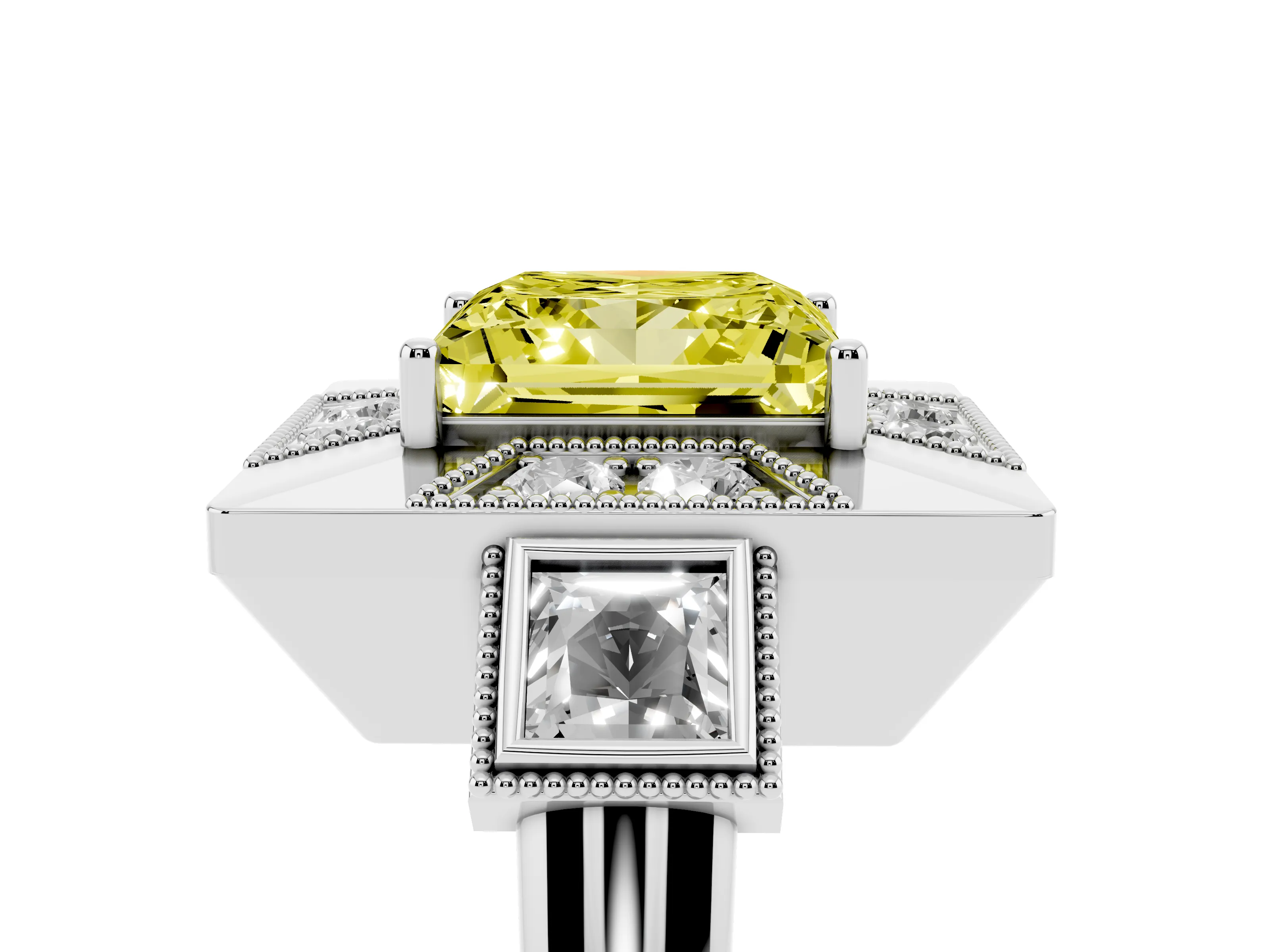 Fancy Yellow Princess Cut Diamond Milgrain Halo Ring Set in Silver with Split Shank
