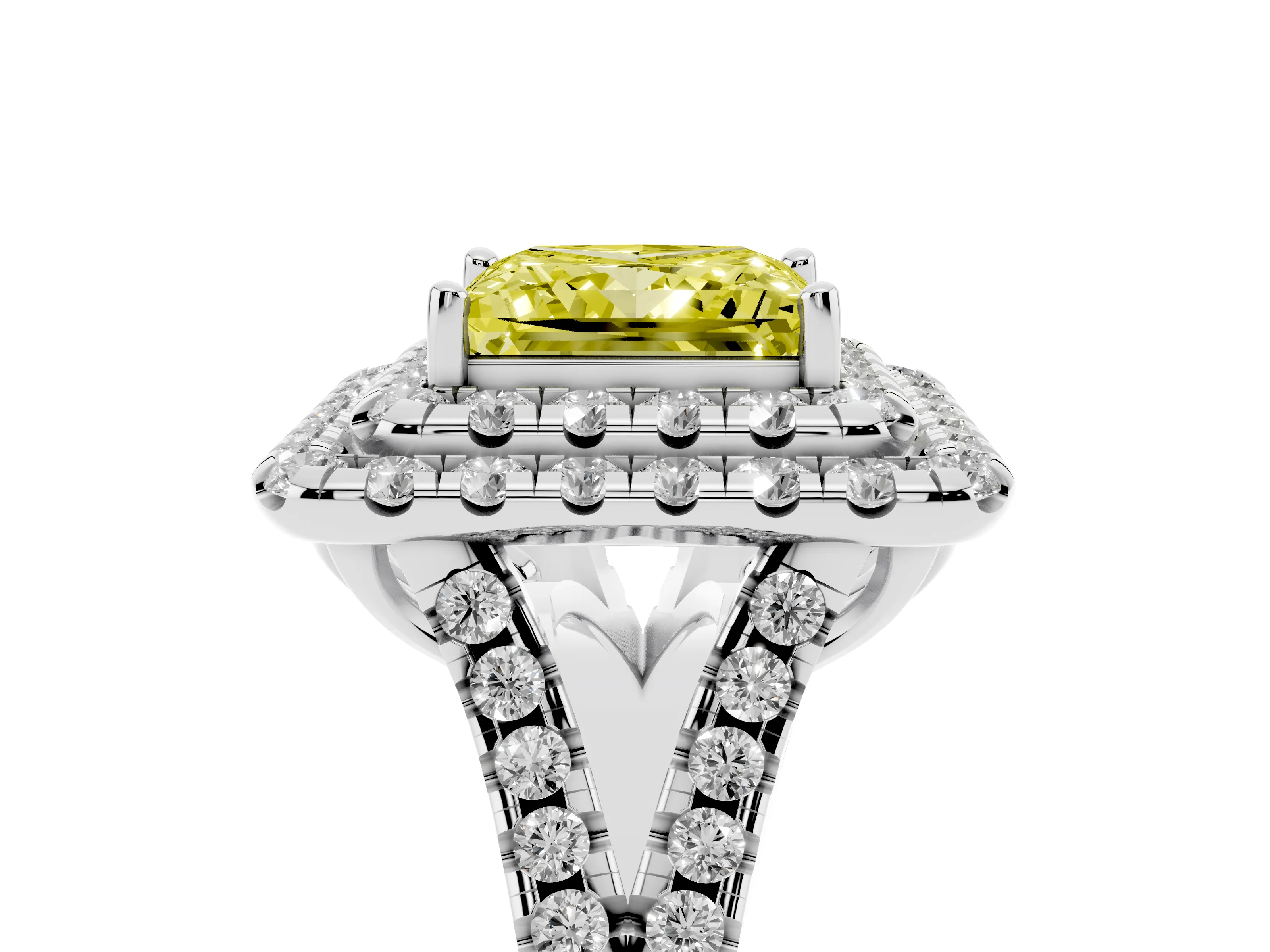 Fancy Yellow Princess Cut Diamond Double Halo Ring Set in Platinum with Pavé Split Shank and Prong Setting