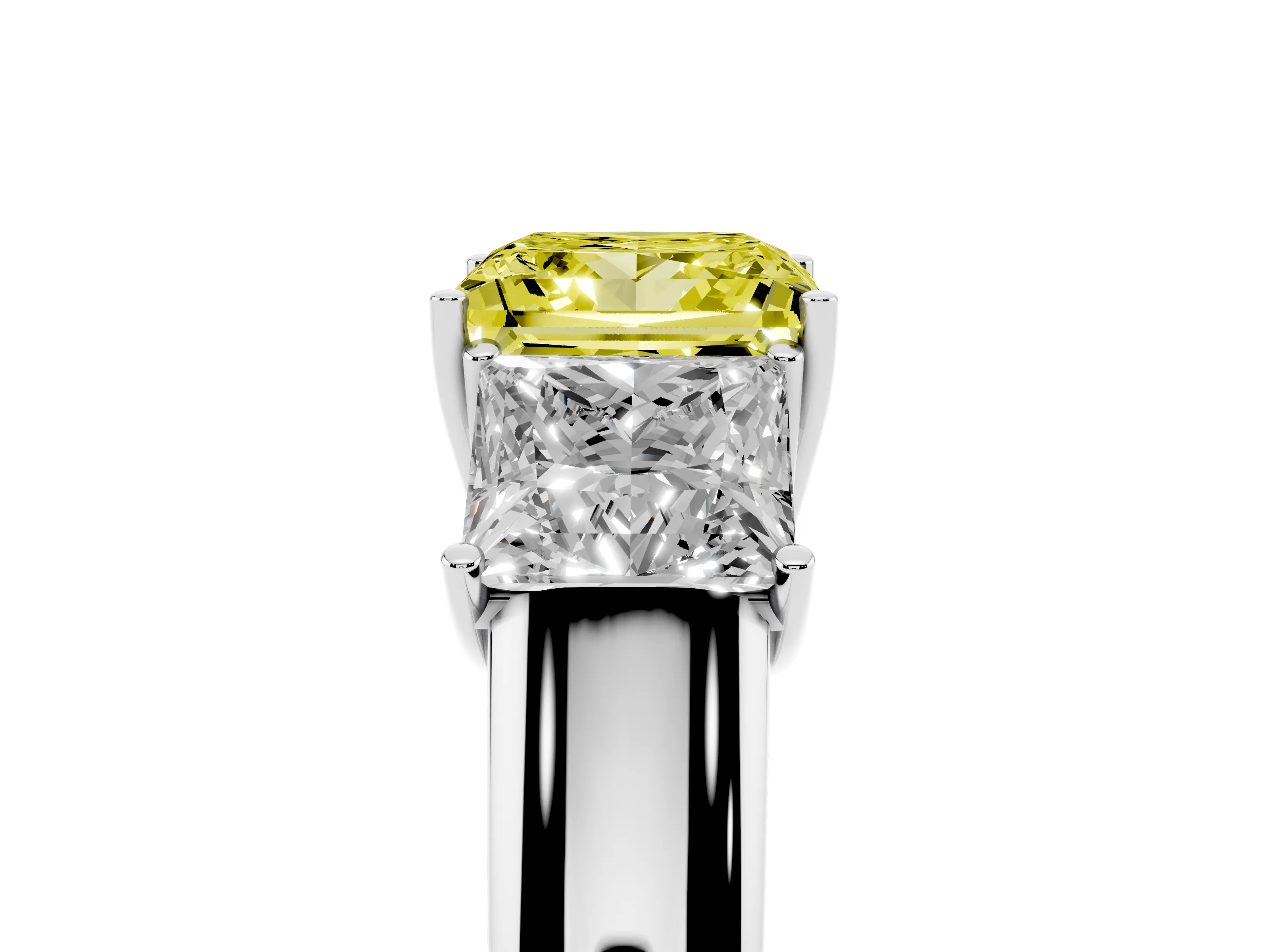 Fancy Yellow Three-Stone Princess Cut Diamond Ring Set in Platinum with Matching Prong Settings and Plain Band